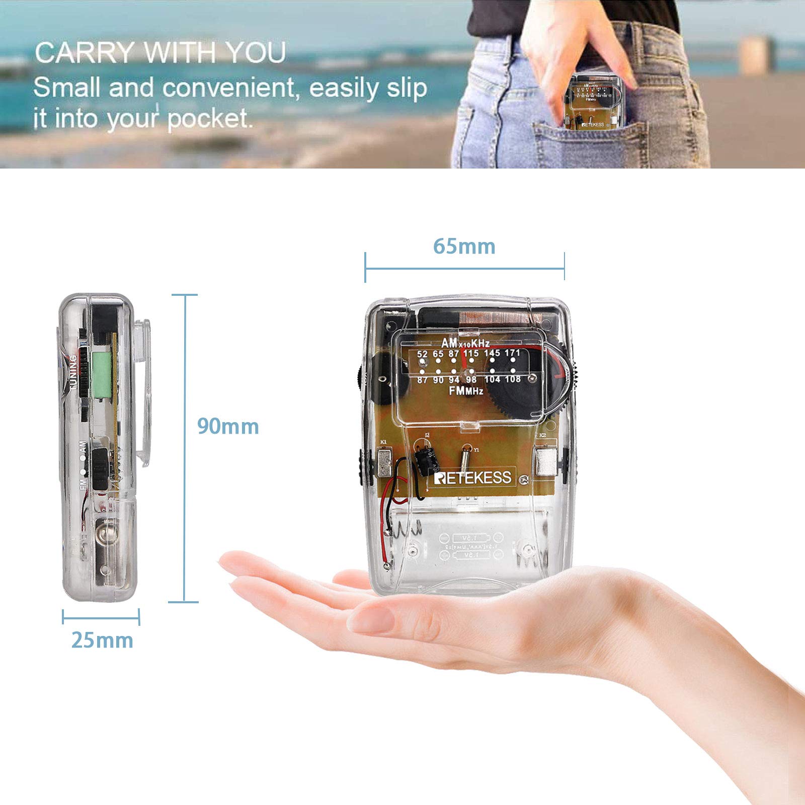 Retekess Tr624 Portable Radio Am Fm, Pocket Mini Radio, Clear Radio With Crystal Headphone, Powered By Aaa Battery, Suit For Ind