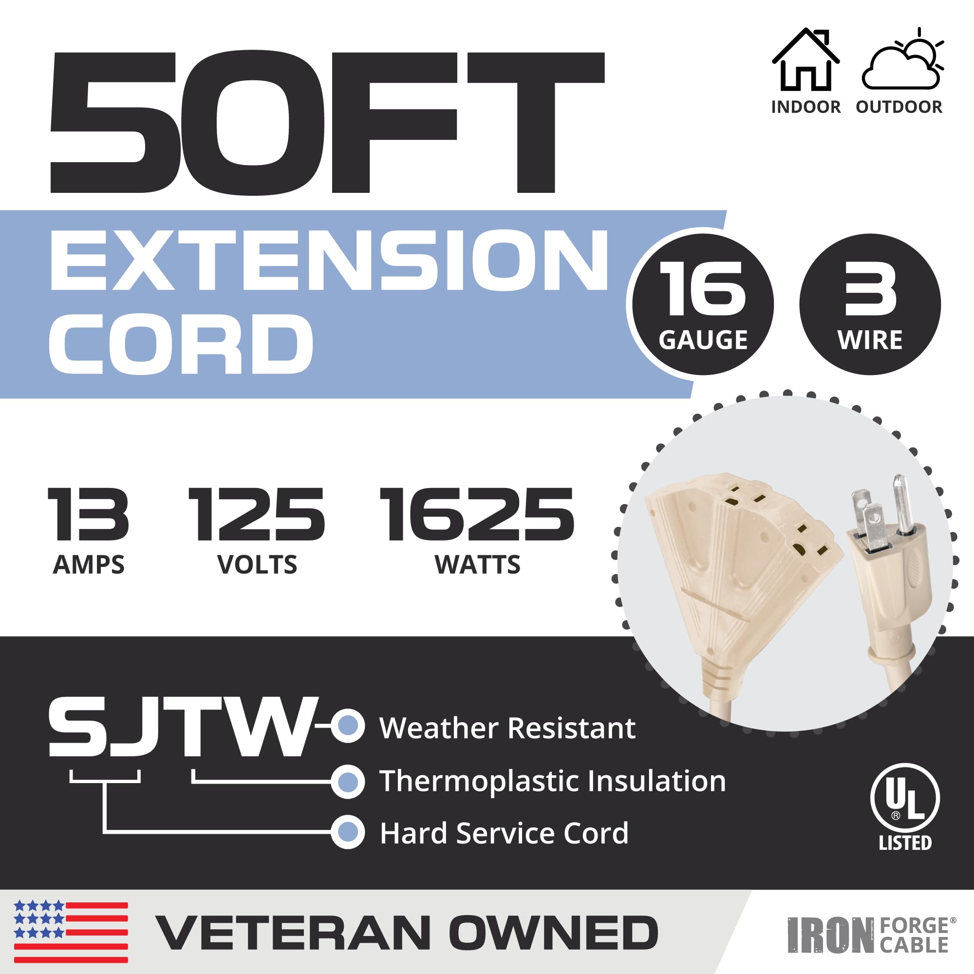Iron Forge Cable Beige Outdoor Extension Cord 50 Ft   3 Outlet 16 Gauge 13 Amp Heavy Duty Power Extension Cords   Sjtw   Great F