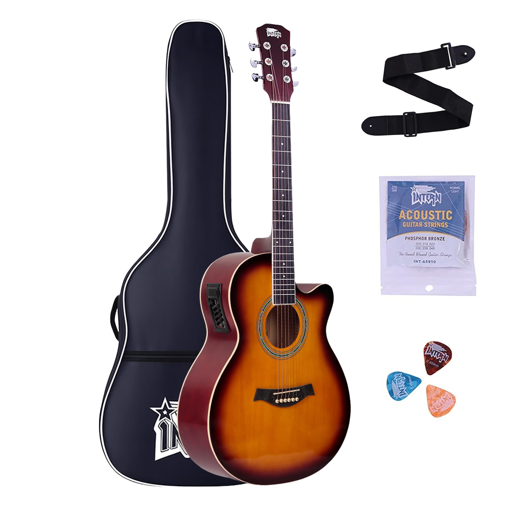 Intern 40 Inches Acoustic Equalizer Cutaway Guitar With Pickup & Truss Rod, Carry Bag, Strings Pack, Strap & Picks. Premium Wood