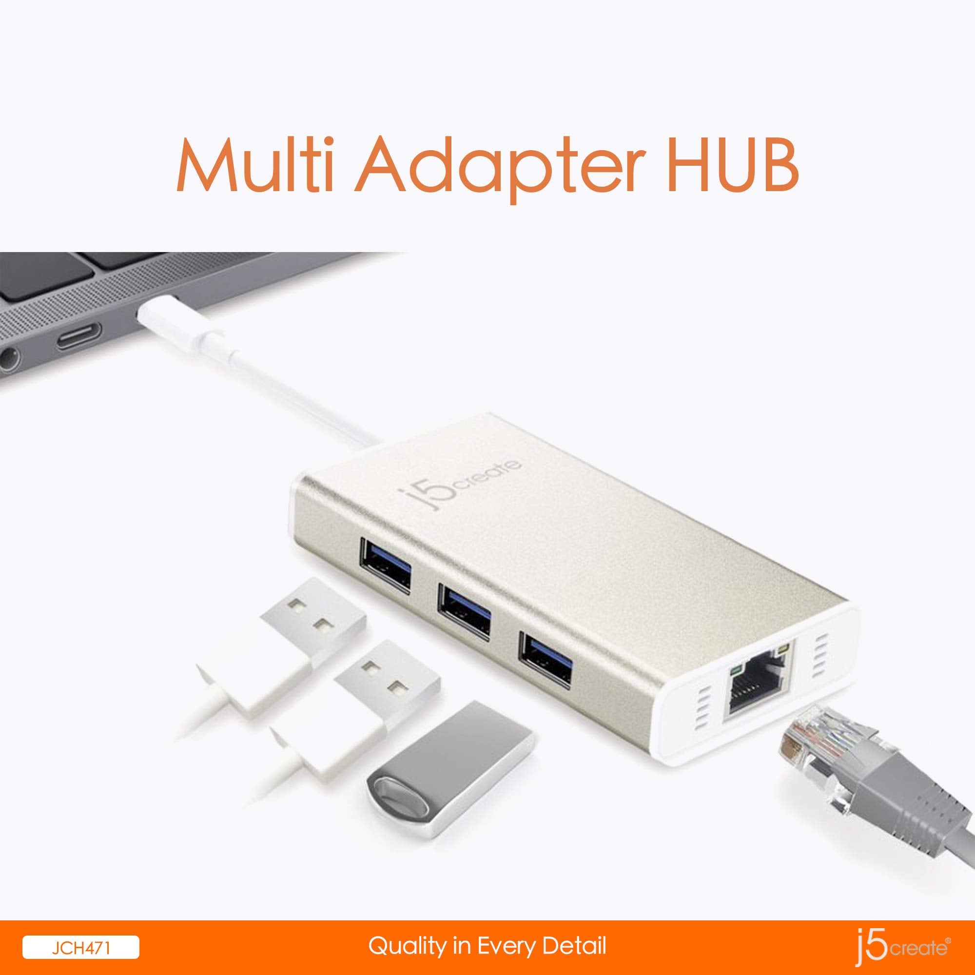 J5Create Usb Type-C Hub Adapter With Gigabit Ethernet And 3X Usb 3.0 Ports
