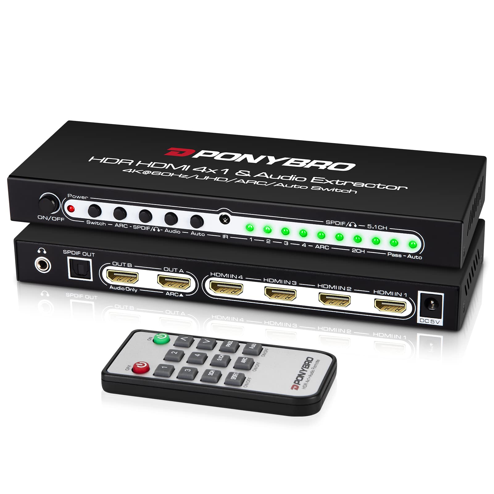 Ponybro 5 Port 4K 60Hz Hdmi Switch With Audio Extractor And Arc, Support Hdmi&Optical & 3.5Mm Aux Audio Out, Hdmi 2.0 Selector S