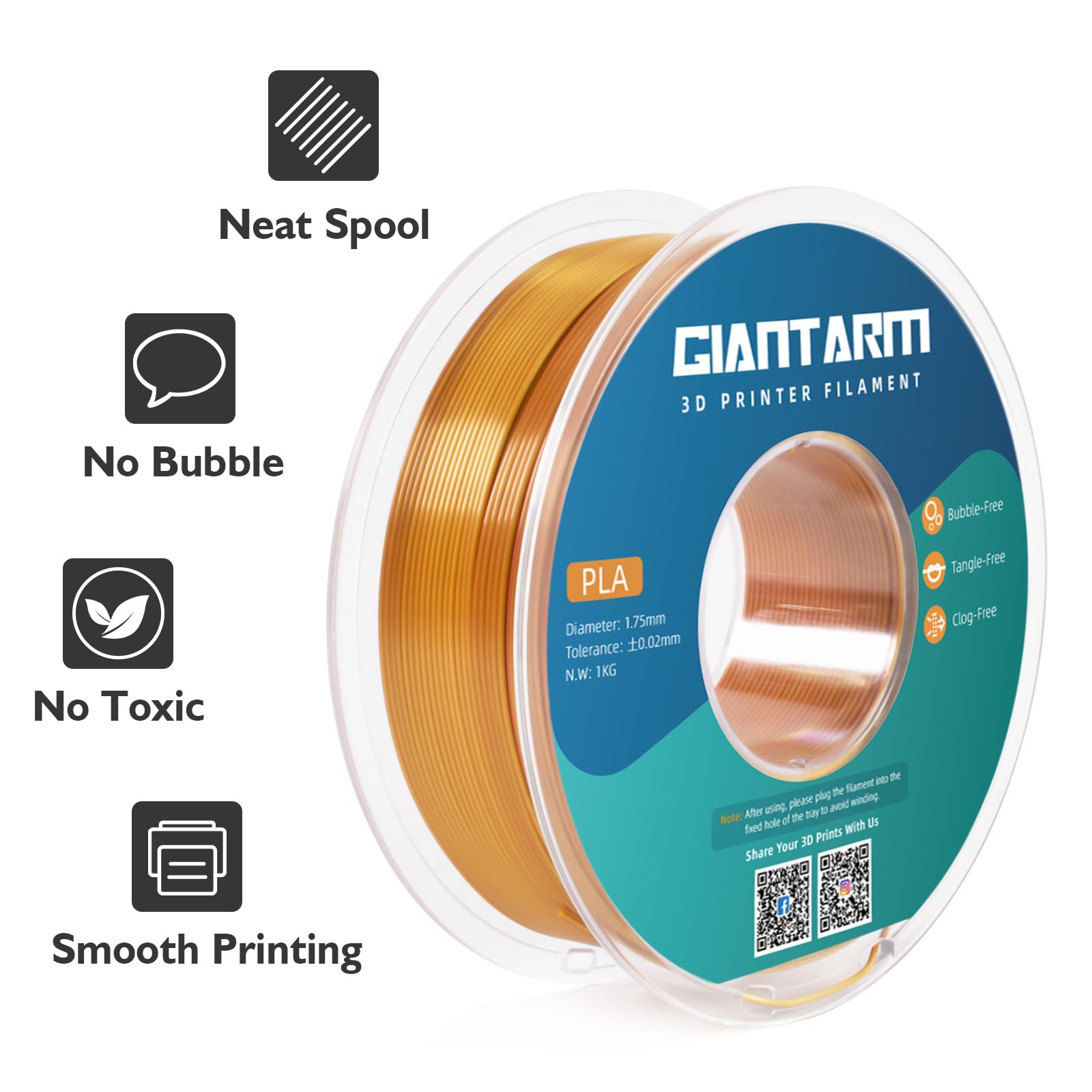 Giantarm Dual Color Pla Filament, Silk Pla Filament 1.75Mm +/ 0.02Mm,1Kg Spool(2.2Lbs) Vacuum Packaging, 3D Printing Filaments F