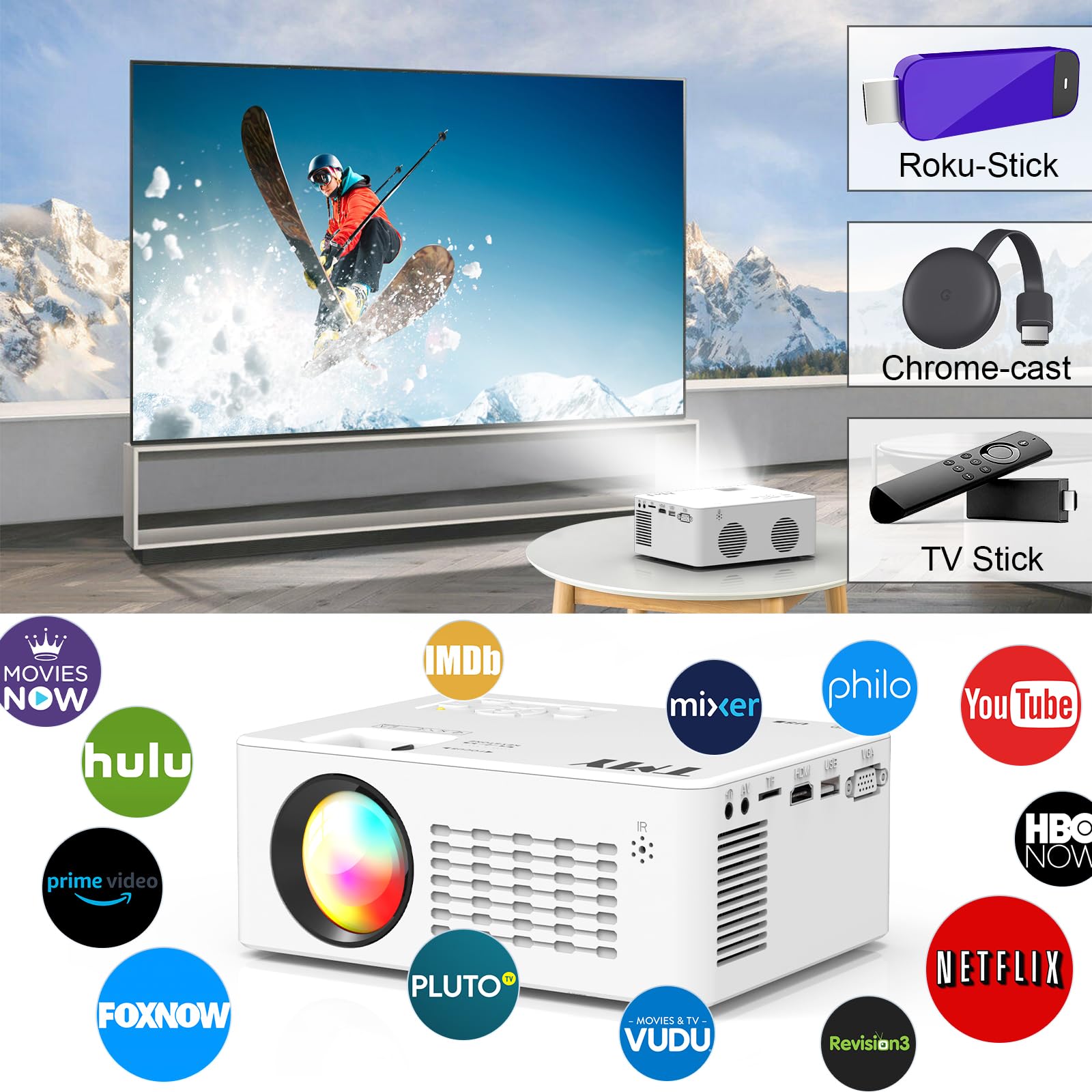 TMY 5G WiFi Projector PT-06, 1080P Mini Projector, Bluetooth 5.1, Portable Outdoor Use, White, Compatible with TV Stick & More