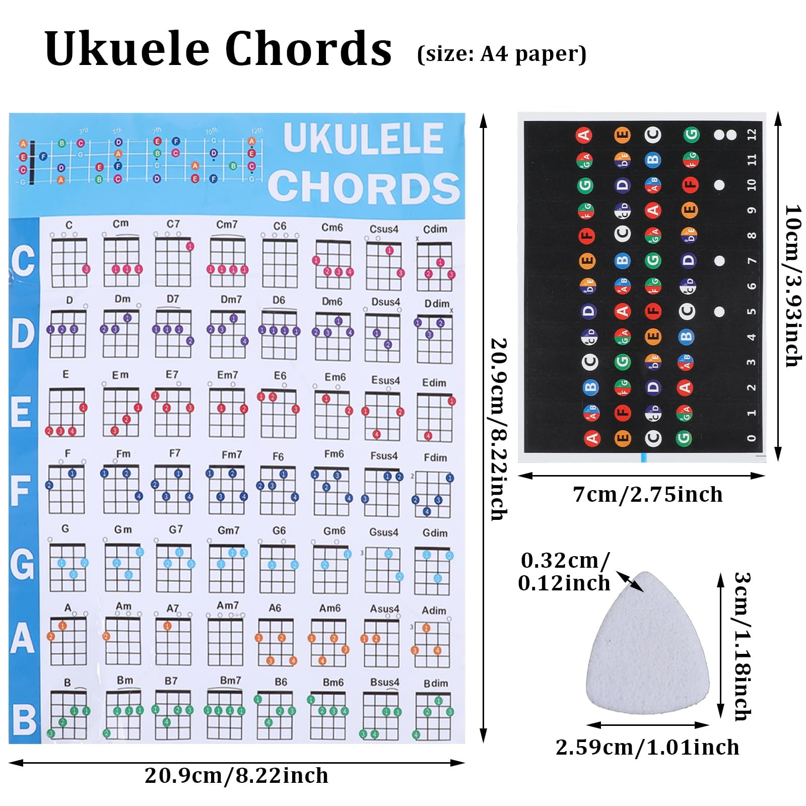 Ptwola Ukulele Chord Chart Cheatsheets Laminated Chord Poster Beginner Learner With 2Pcs Colorful Fretboard Coded Note Decal Sti