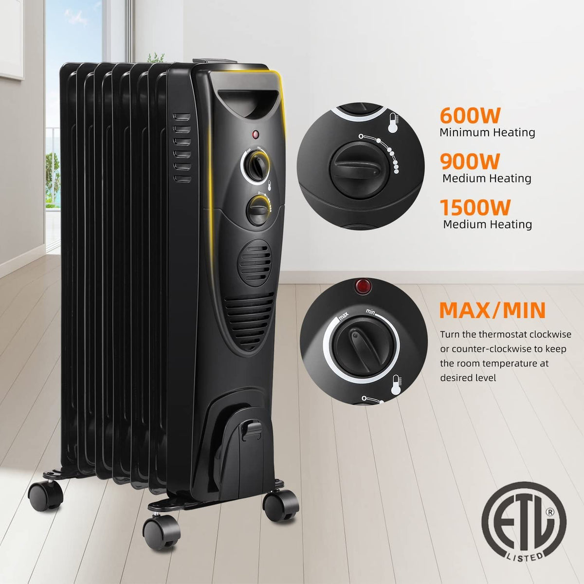 R.W.Flame Oil Filled Radiator Heater 3 Heat Settings, Adjustable ...