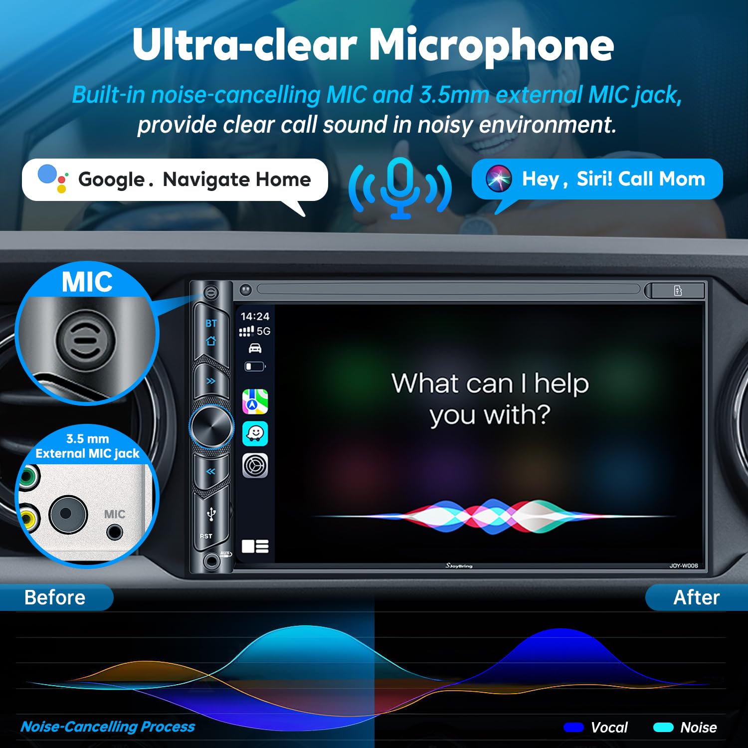 Upgrade Wireless Double Din Car Stereo With Carplay, Android Auto, Bluetooth, 4 Channel Rca, High Power, 2 Subwoofer Ports, 7''