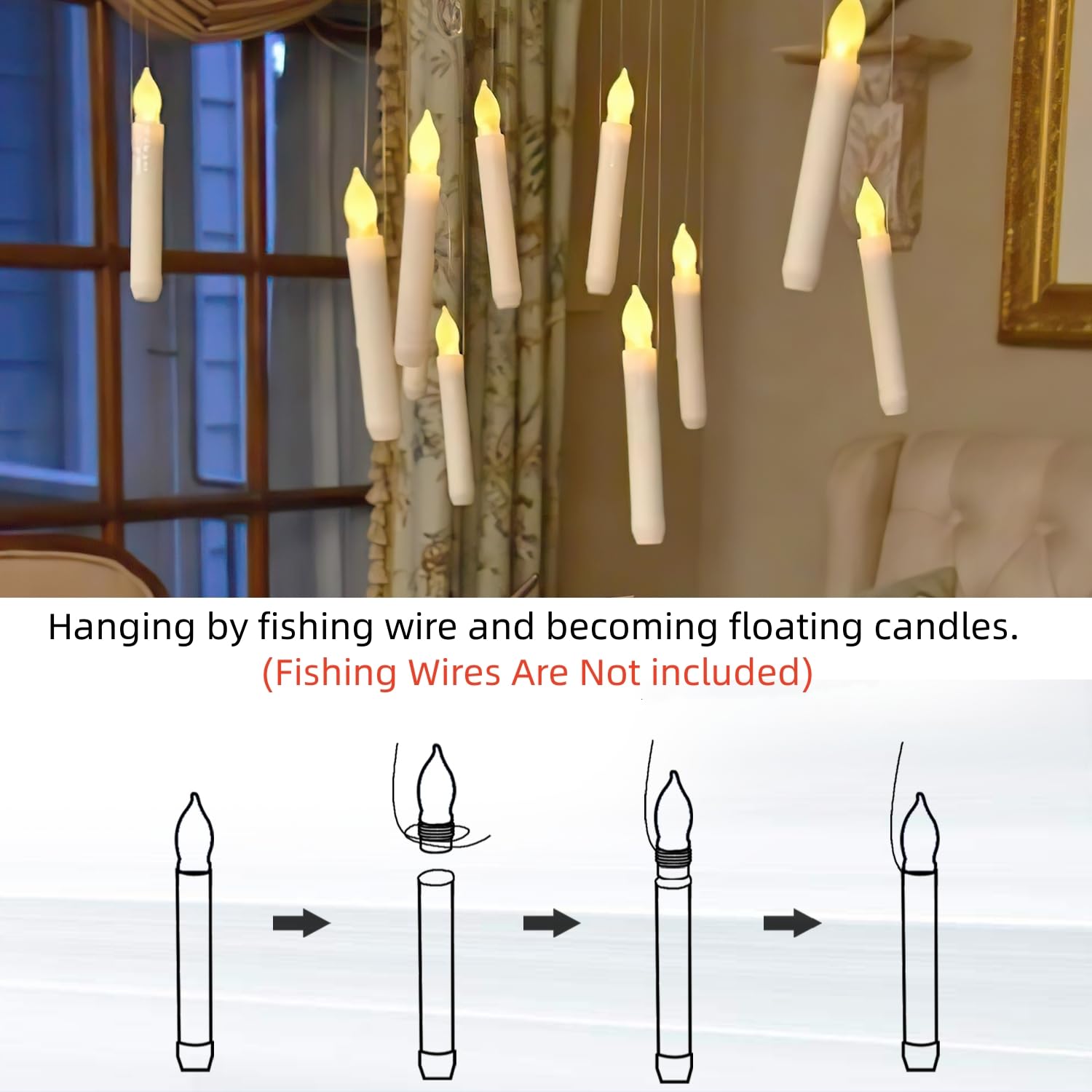 Homemory Floating Candles With Wand Remote, 12 Pcs Magical Floating Candles Witch Decors, Warm Yellow Flameless Taper Candles Ba