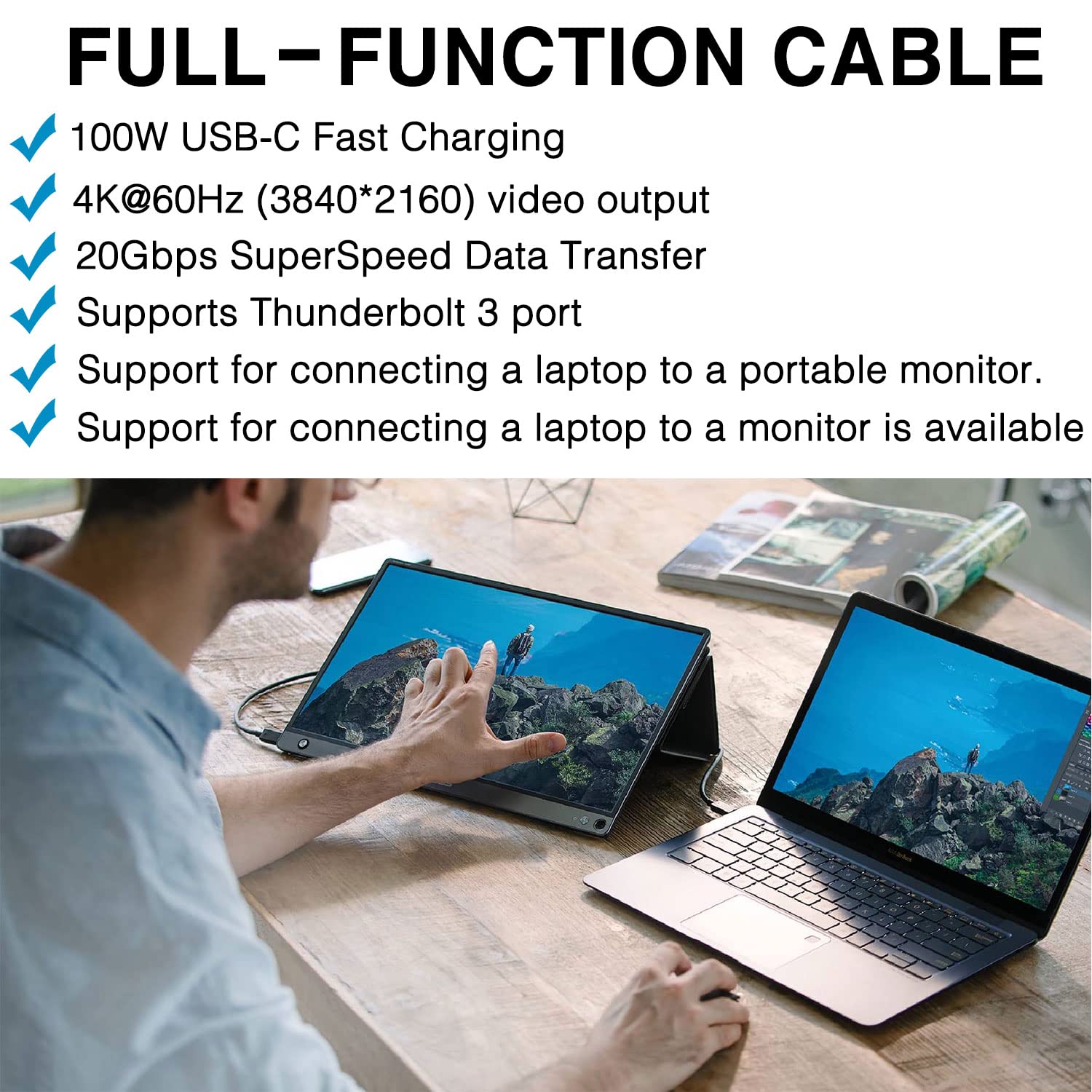 6.6Ft Usb C 3.2 Gen 2  2 Display Monitor Video Link Data Transfer Cable For Lepow Z1 15.6 In, Innoview, Asus Zenscreen, Kyy, Coc