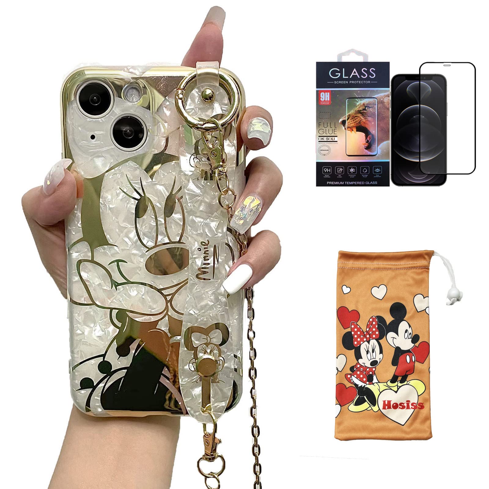 Hosiss Cartoon Case For Iphone 13 6.1 ' 'With Hd Screen Protector, Minnie Mouse With Wrist Strap Kickstand Metal Chain Strap Sof