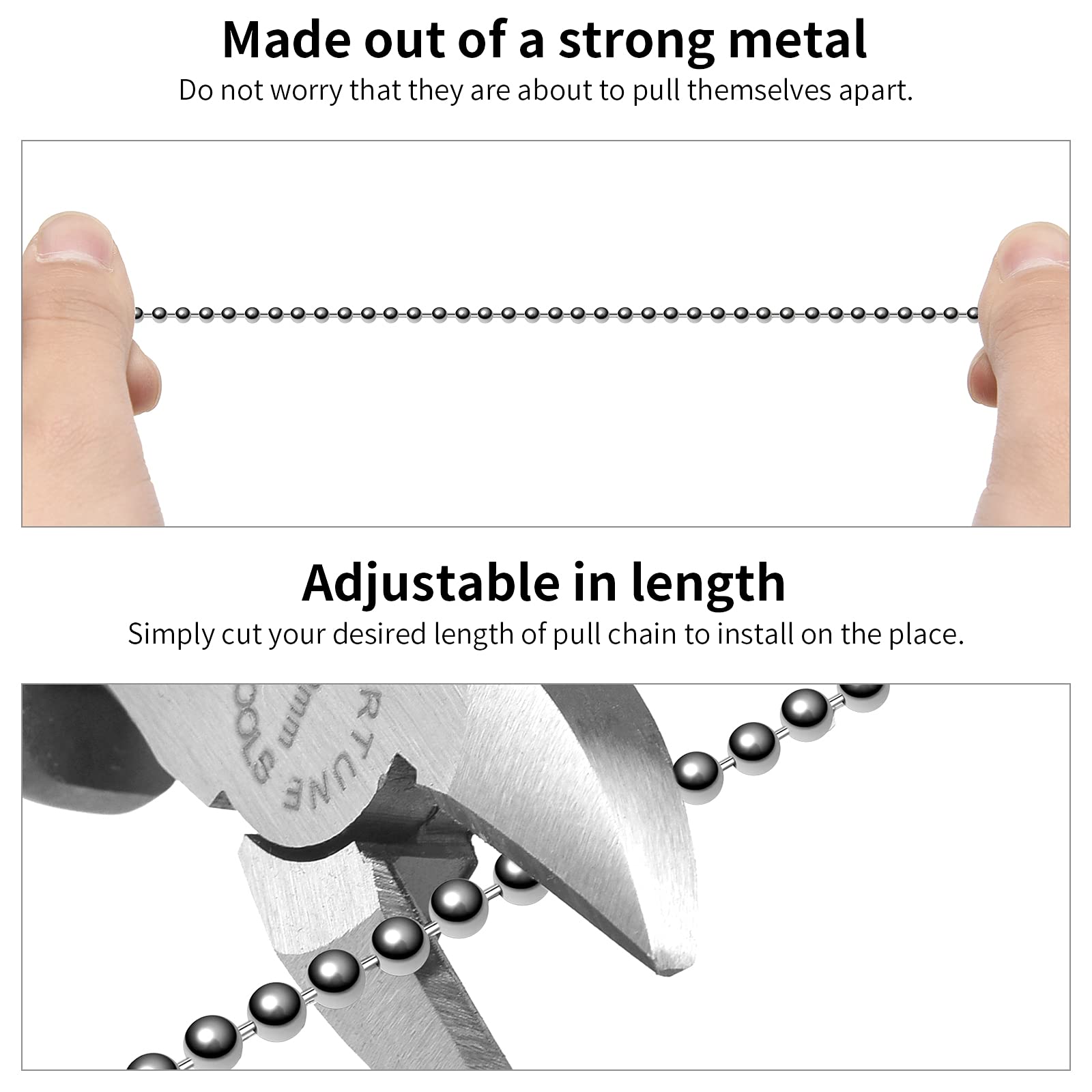 Ceiling Fan Pull Chain, 120'' Rust Proof Copper 3Mm Beaded Ball Light Pulls Extension Chains With 12 Connectors, Silver