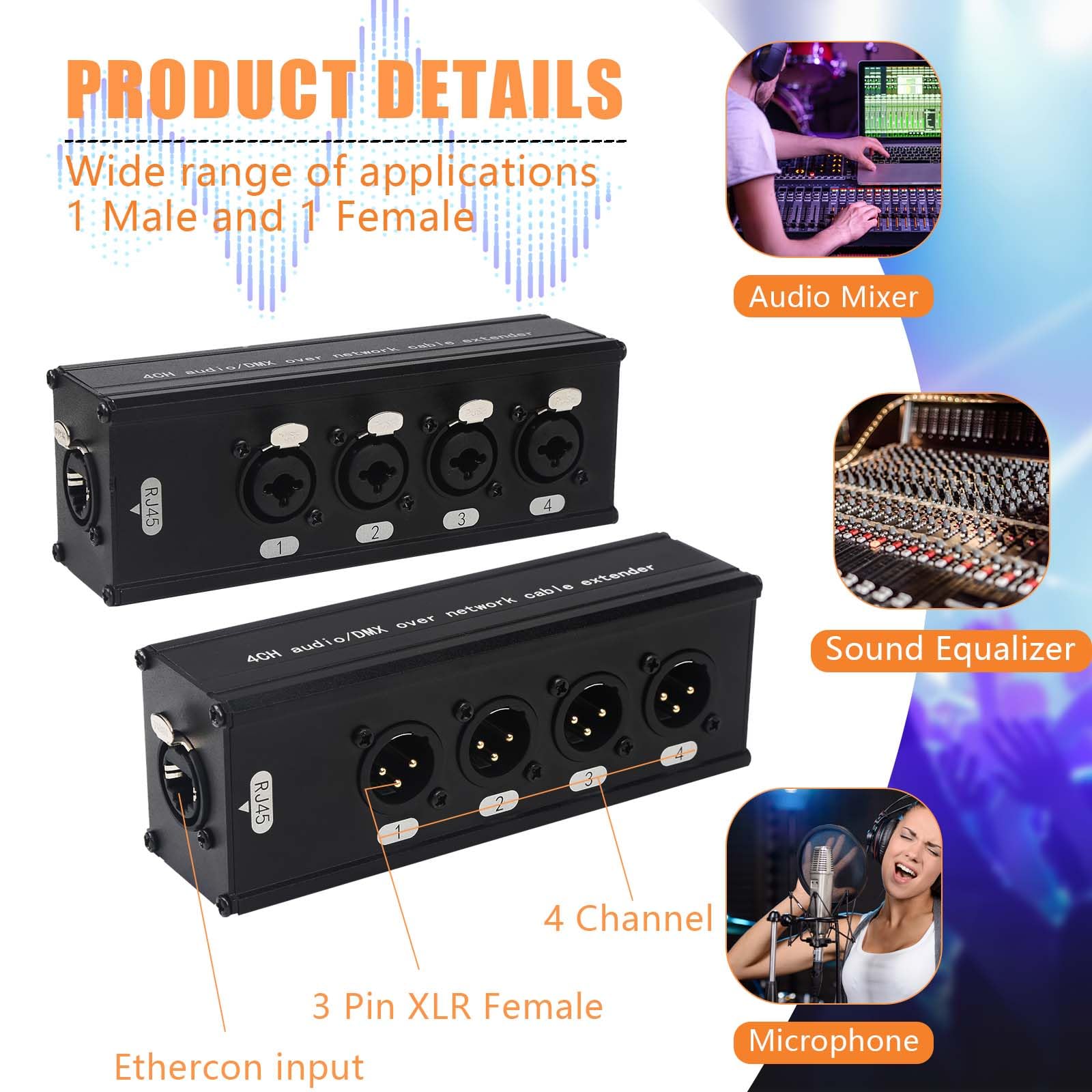 Jindaaudio 4-Channel Dmx Xlr To Ethernet Extender, 3-Pin Xlr Male/Female & Ethercon Adapter, Cat5/Cat6/Cat7 Network Cable Conver