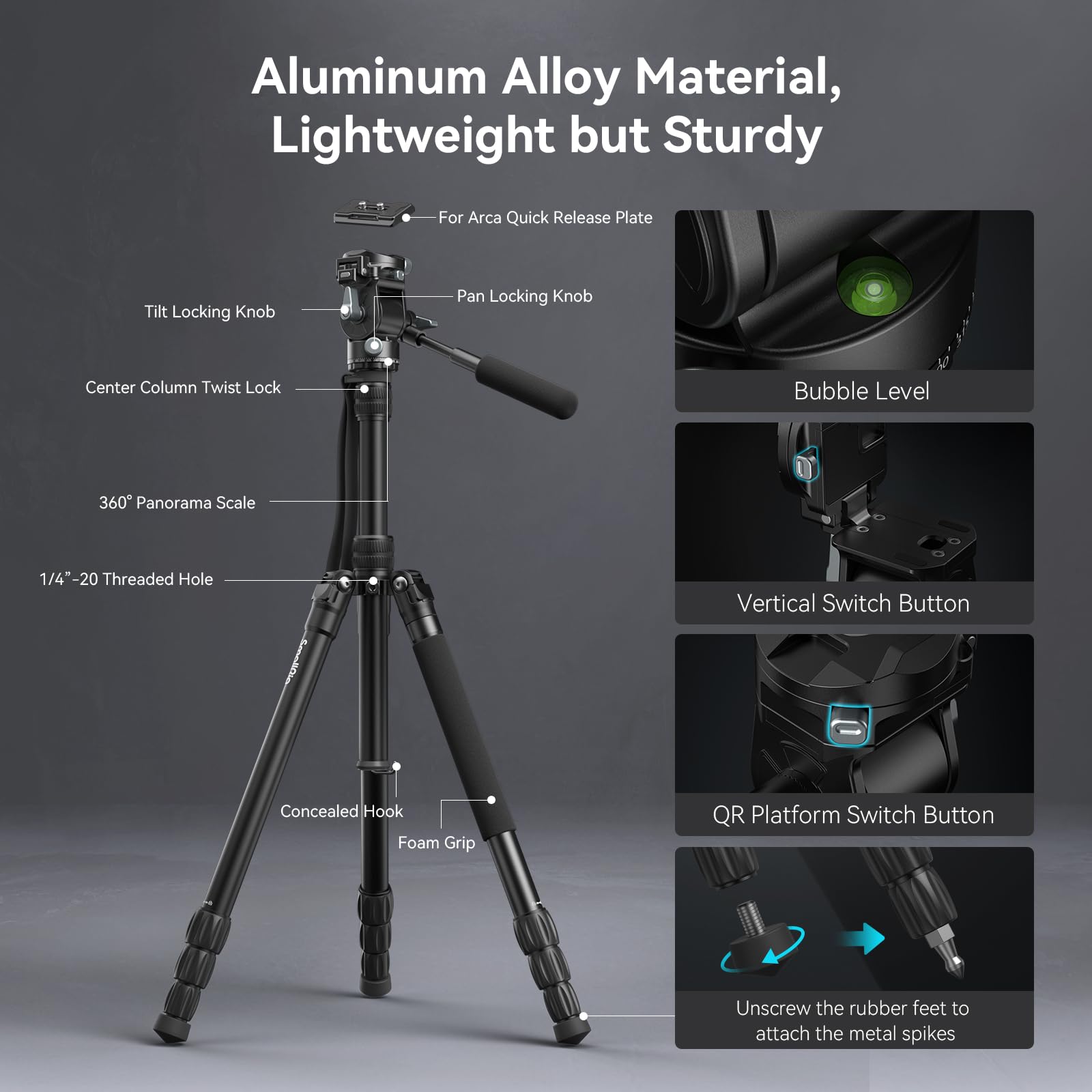 Smallrig Ct195 Video Tripod Kit, 73 Camera Tripod With Pan Tilt Fluid Head For Vertical/Horizontal Shooting, Max Load 15Kg / 33I