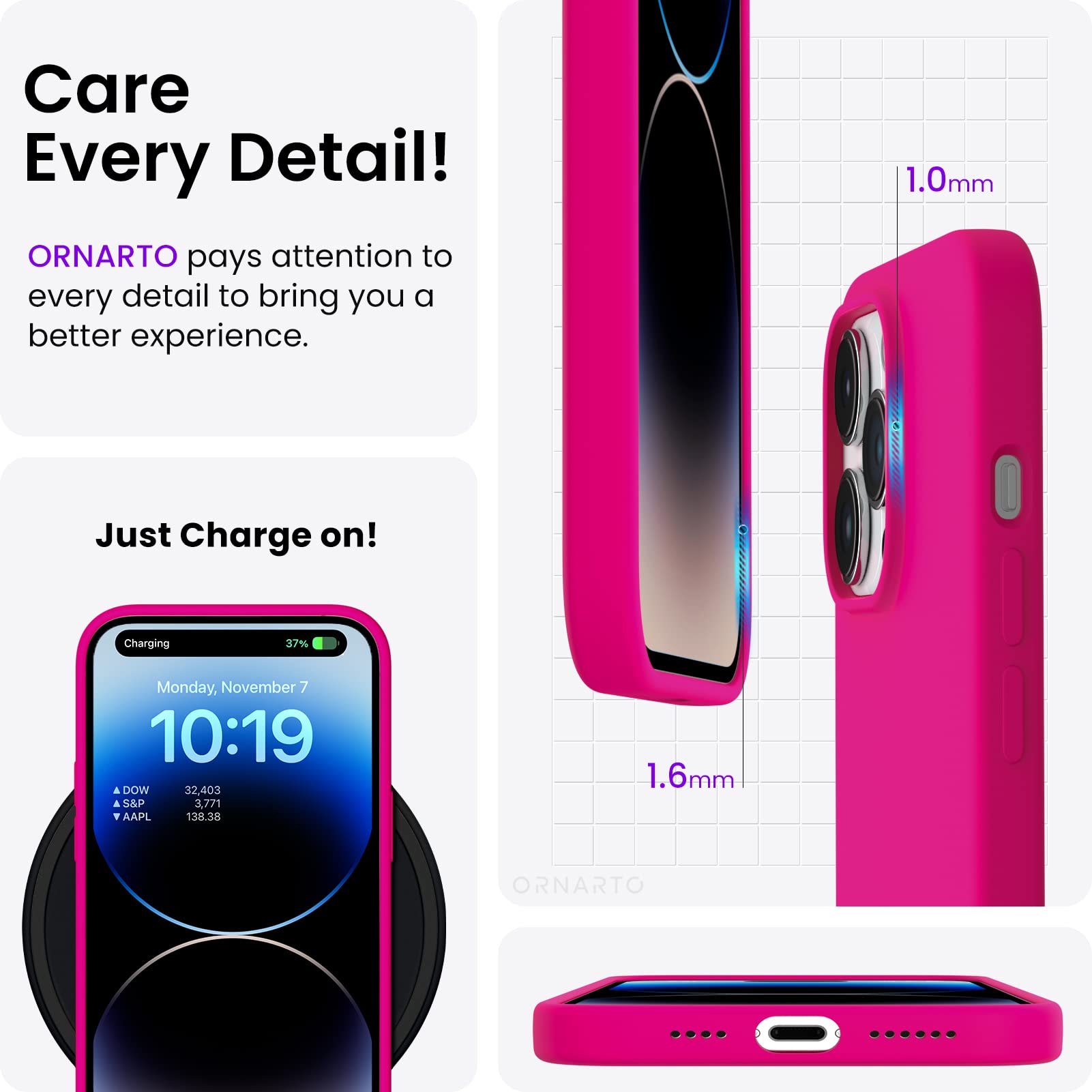 Ornarto Compatible With Iphone 14 Pro Case 6.1, Slim Liquid Silicone 3 Layers Full Covered Soft Gel Rubber Phone Case Protective
