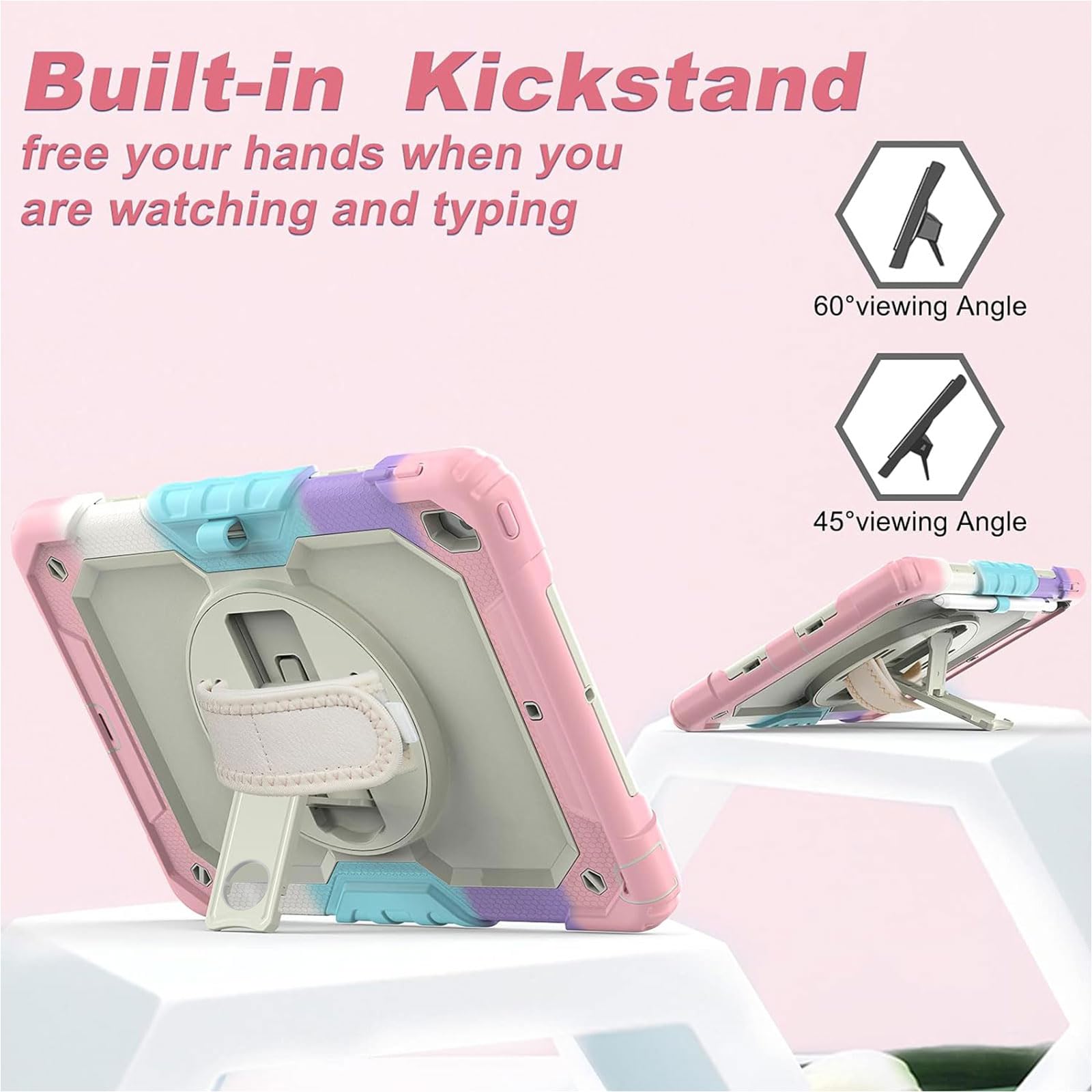 Ambison Case For Ipad 9Th/8Th/7Th Generation 10.2'' 2021/2020/2019, [Kid Proof] Full Body Protective Case With 9H Tempered Glass Screen Protector, 360� Rotatable Kickstand & Hand Strap (Light Pink)