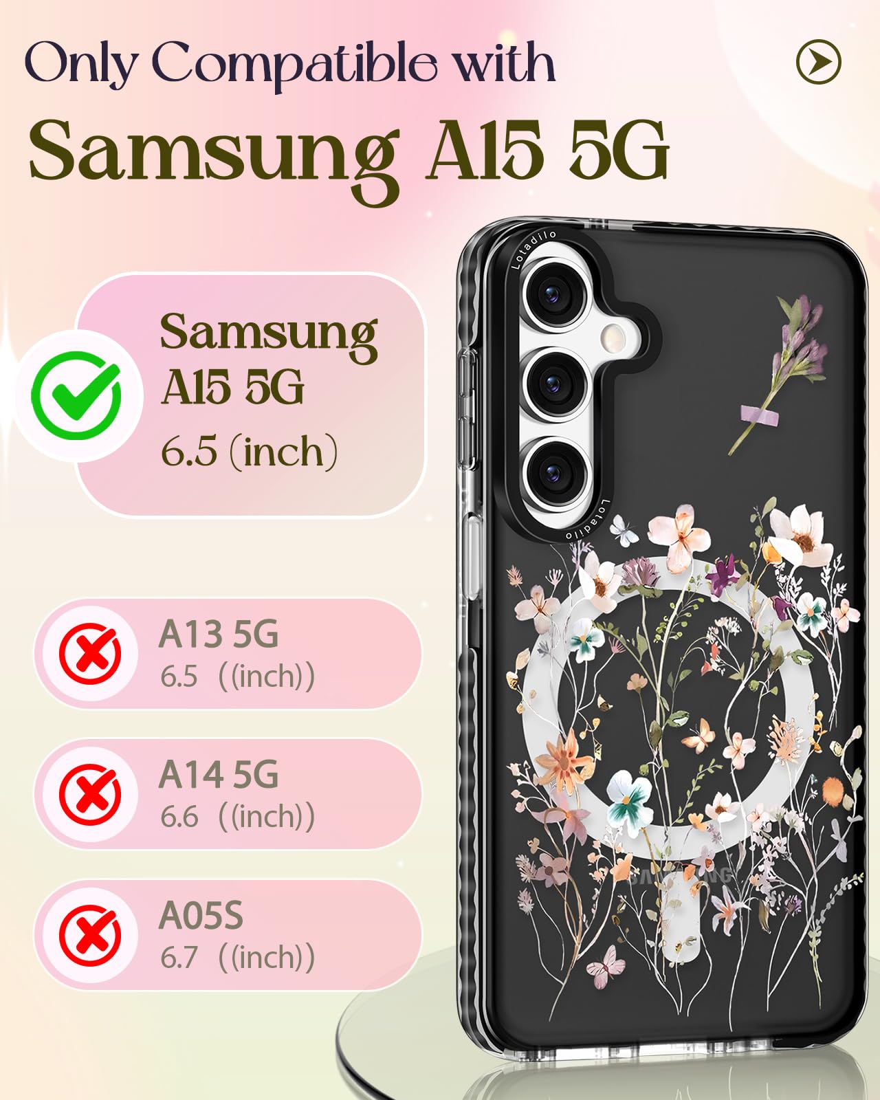 Lotadilo For Samsung Galaxy A15 5G Case For Women - Girls Cute Design Compatible With Magsafe Magnetic Ring Holder Stand Foral F