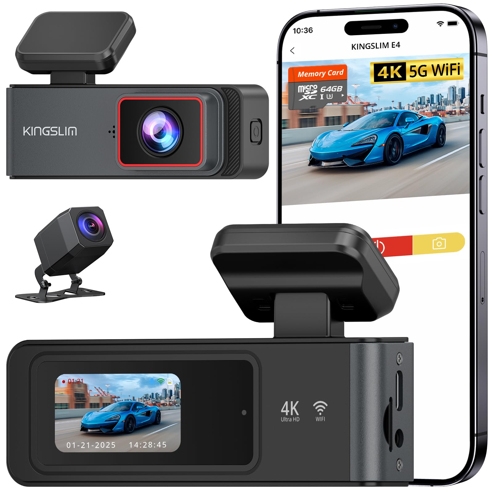 Kingslim 4K Dash Cam Front and Rear with 64GB SD Card, 5G WiFi Dash Camera for Cars, 1.5 Screen Dashcam Wireless APP Control, 