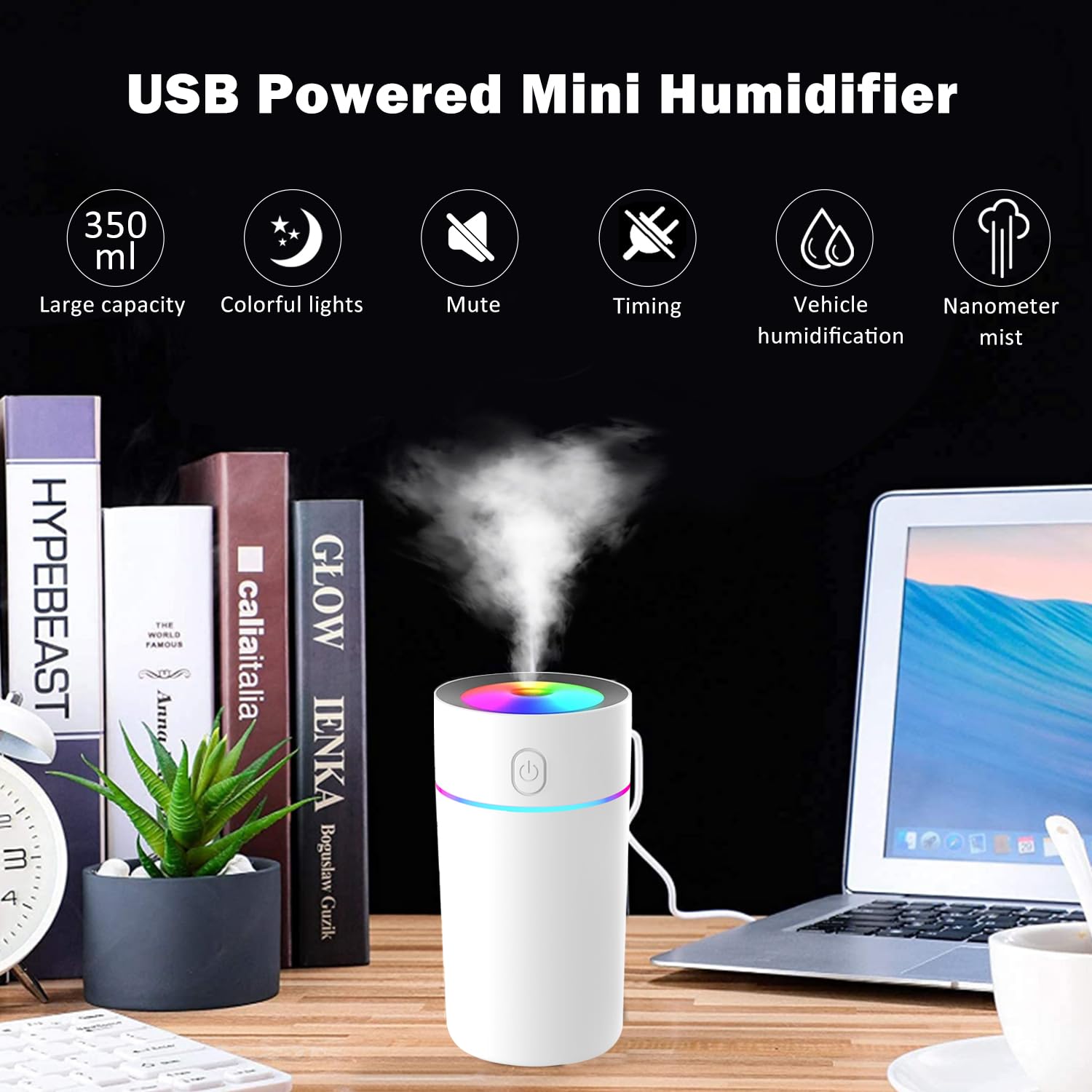 Mini Humidifiers Battery Powered Portable Car Humidifier With 7 Color Lights, Auto Shut Off Small Desk Humidifier [2 Mist Modes]