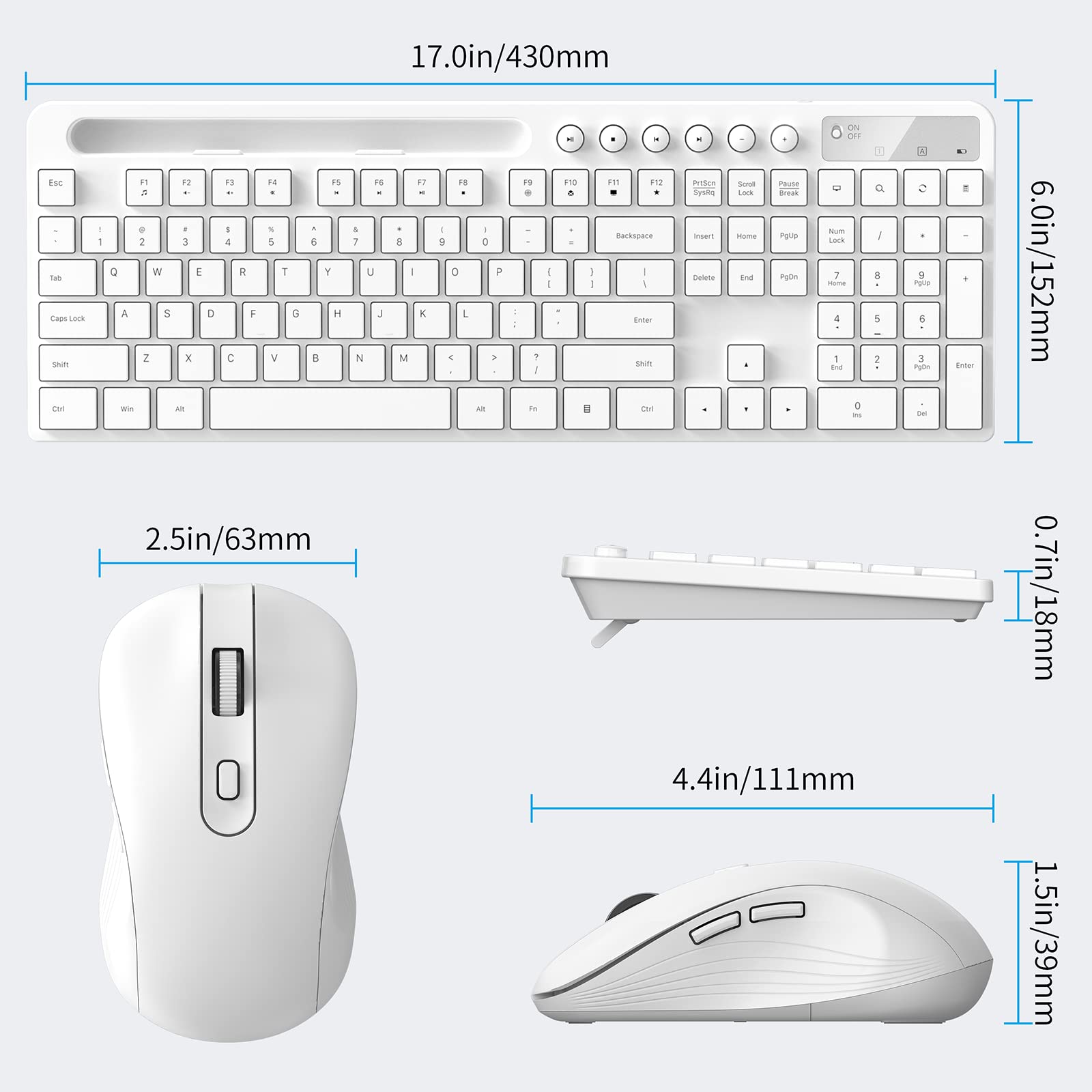 Wireless Keyboard And Mouse Combo, Marvo 2.4G Ergonomic Wireless Computer Keyboard With Phone Tablet Holder, Silent Mouse With 6 Button, Compatible With Macbook, Windows (White)