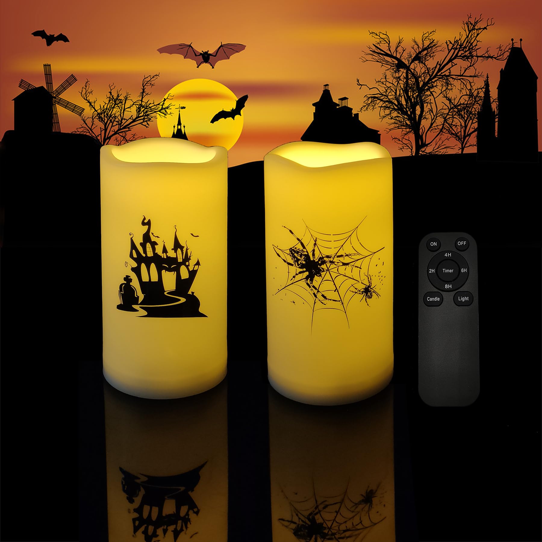 2 Pack Halloween Flameless Pillar Candles With Remote And Timer Battery Operated Led Flickering Candle Light Set With Spider Web