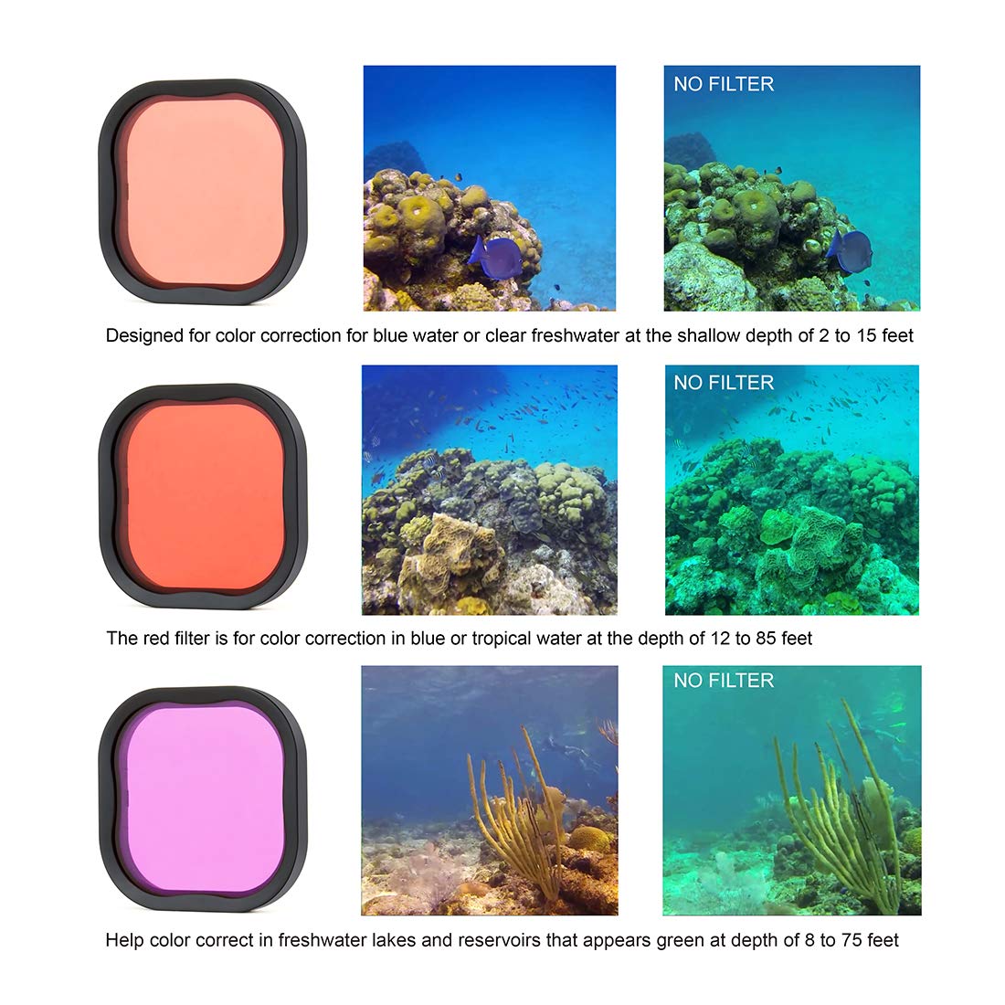 Soonsun 3 Pack Dive Filter For Gopro Hero 8 9 10 11 12 Black Official Waterproof Housing Case   Red, Light Red, Magenta Filters