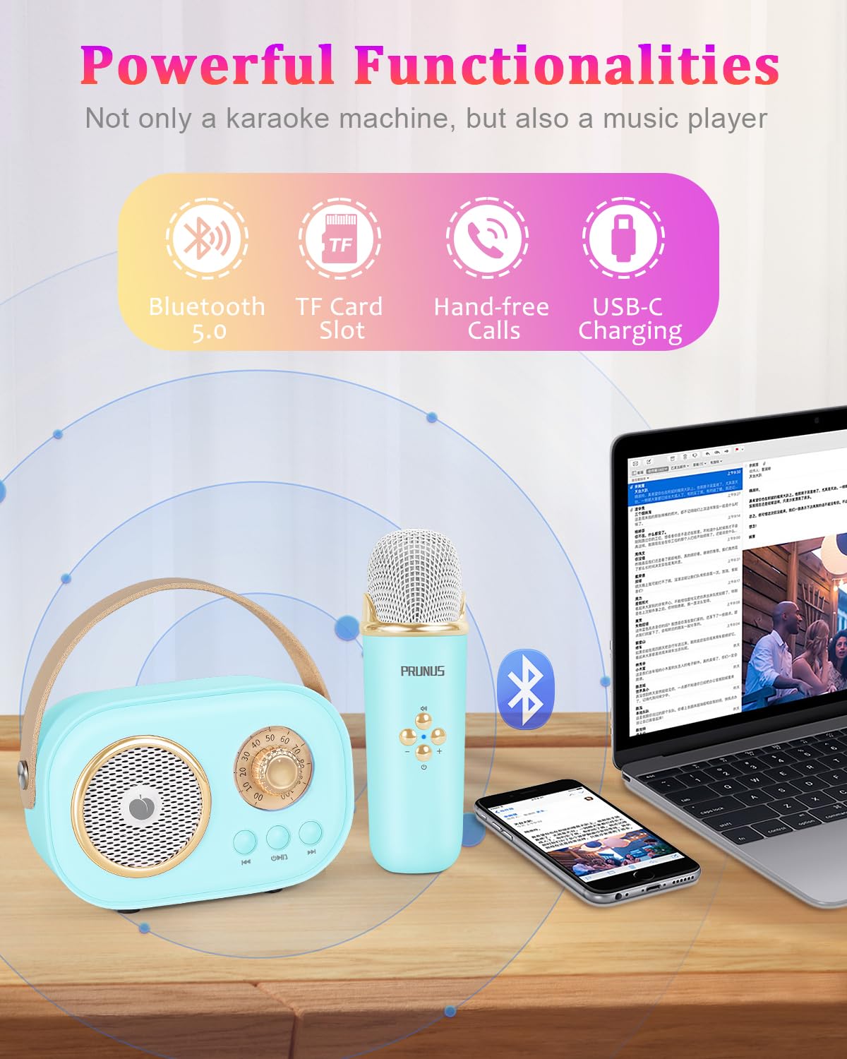 Prunus Mini Karaoke Machine For Kids&Adults,Portable Bluetooth Speaker With 2 Wireless Microphones And Stereo Sound Enhanced Bas