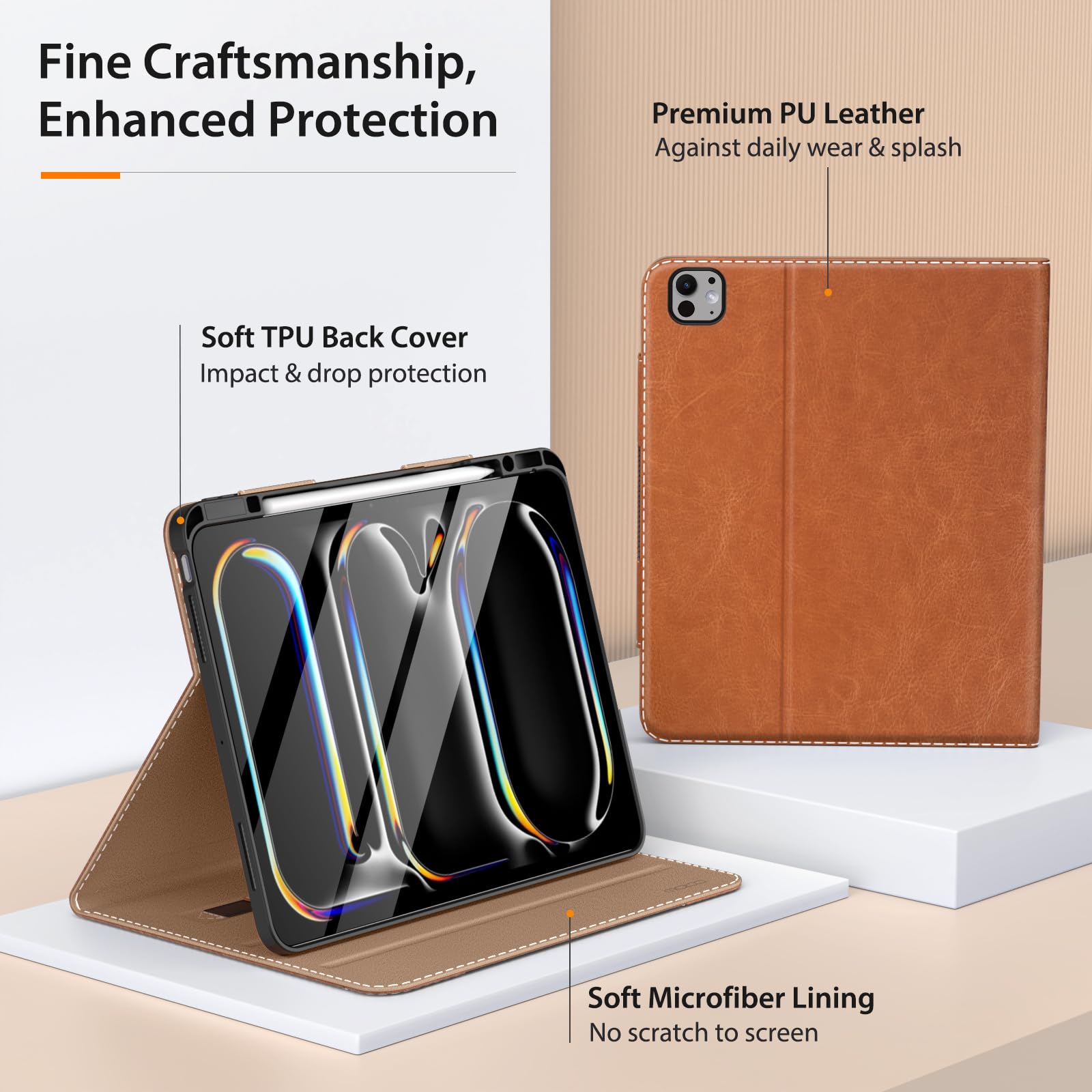 MoKo for iPad Pro 13 Inch Case 2024 (M4) with Pencil Holder & Pocket, Built in Hand Strap, Multi Angle Viewing, Premium PU Leather Folio Cover for iPad Pro 13 2024, Brown