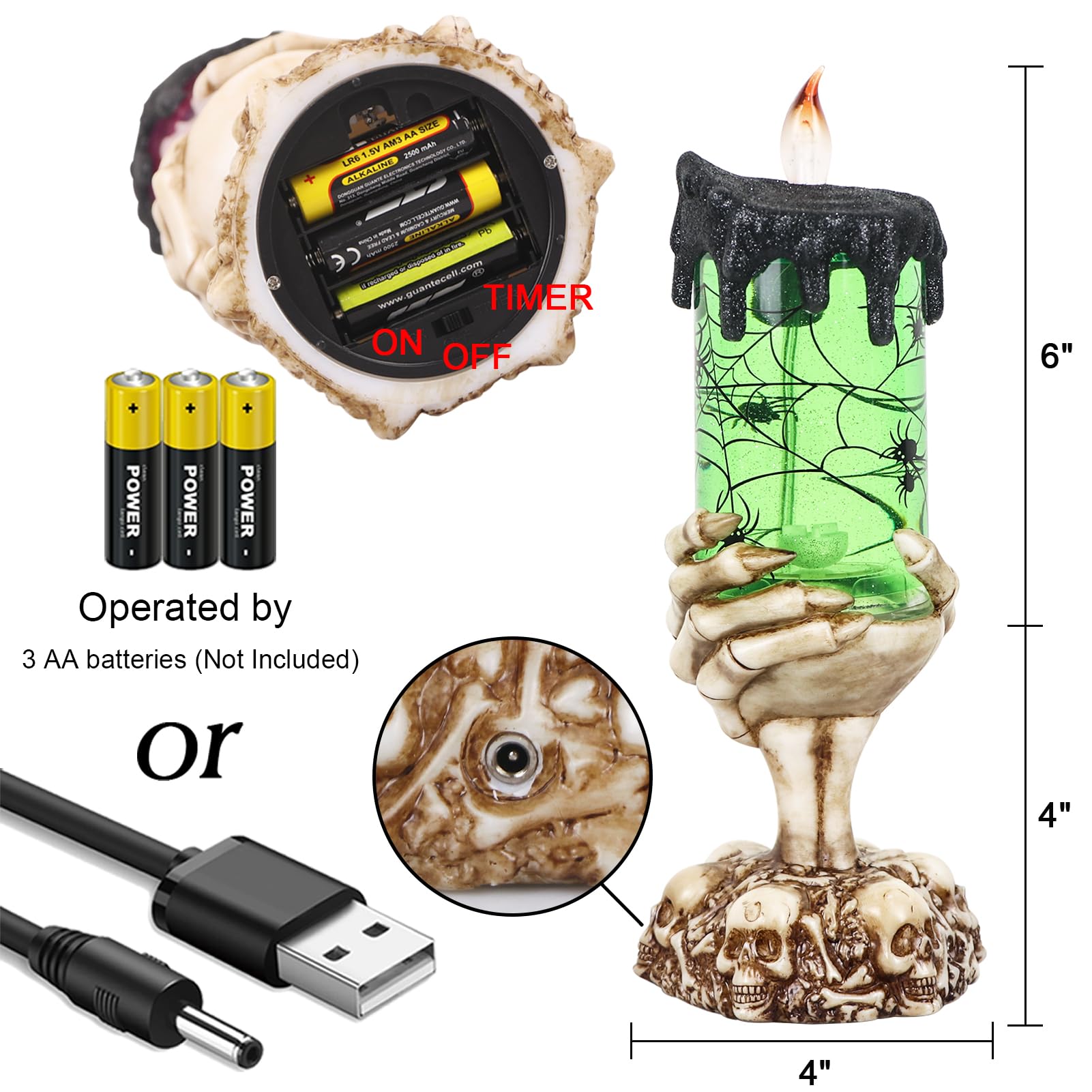 Eldnacele Halloween Snow Globe Candles Lighted Lamp Usb Powered Battery Operated Spooky Spinning Water Glittering Tornado Flamel