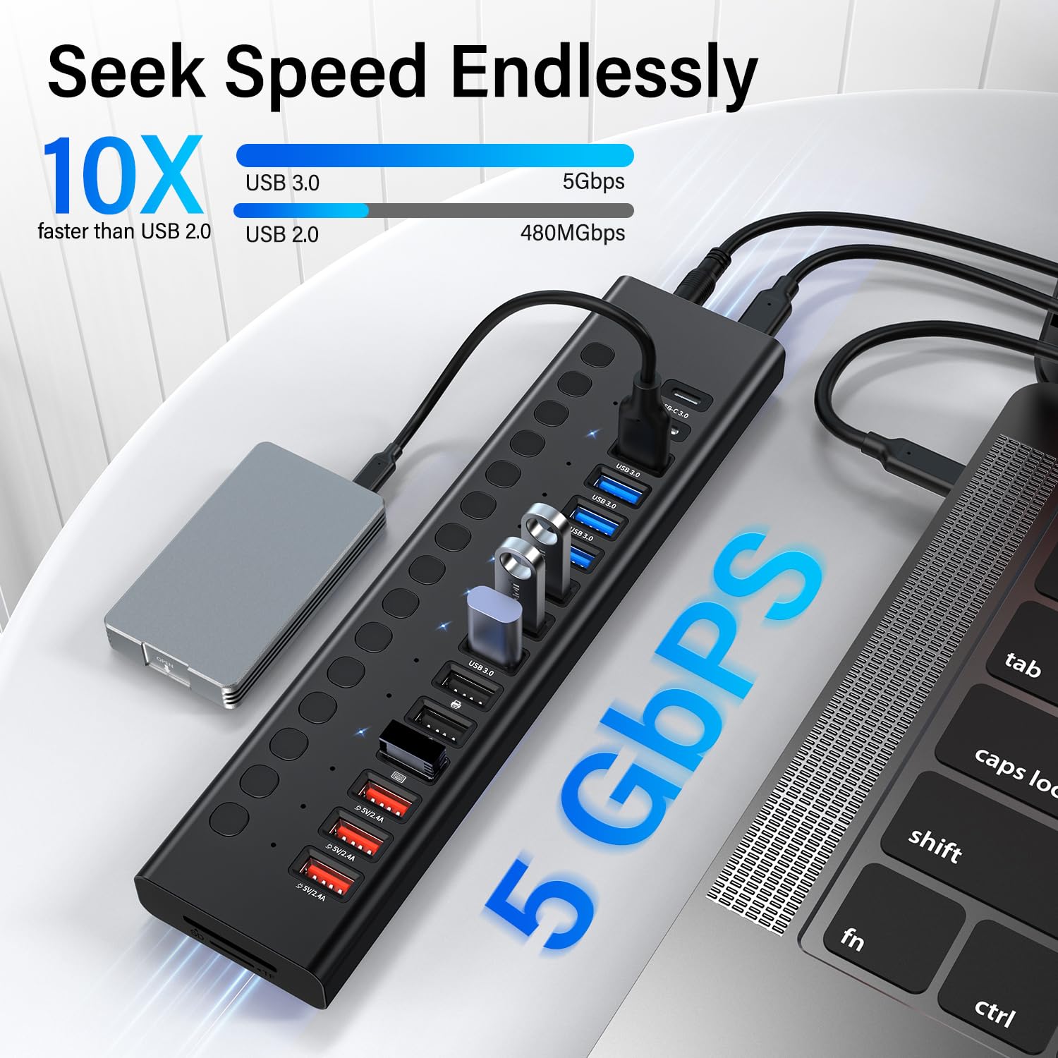 Powered Usb Hub, Vangree 17 Port Usb Splitter (7 Usb 3.0 Ports+3 2.4A Charging Ports+3 Usb 2.0 Ports+2 Usb C 3.0 Ports+Sd/Tf Car