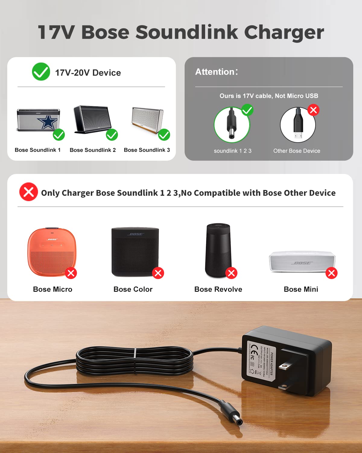 Charger For Bose Soundlink 3, Bluetooth Speaker 17V ~ 20V Bose Power Cord For Soundlink Speaker I Ii Iii 1 2 3, Replacement Wireless Speaker P/N: 306386 101, 369946 1300, 301141, 404600, 414255, S024R