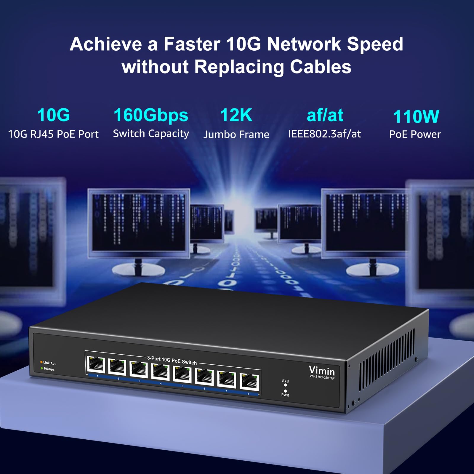 8 Port 10G Poe Switch Unmanaged, Vimin 8 Port 10G Poe Ethernet Switch Support Ieee802.3 Af/At, 10G Base T Rj45 Poe Ports For 1G/