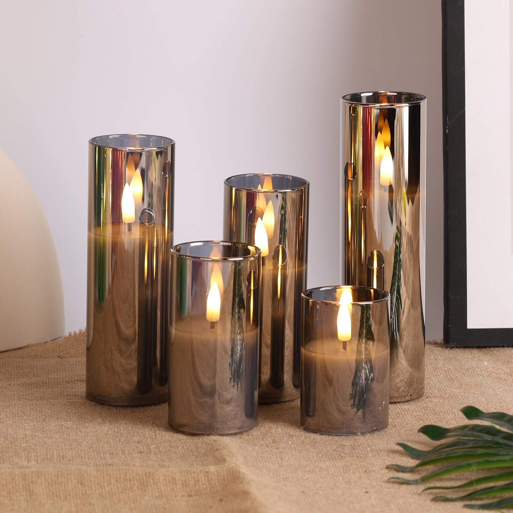Eywamage 5 Pack Grey Glass Flameless Candles With Remote, Flickering Slim Tall Led Pillar Votive Candles Battery Included