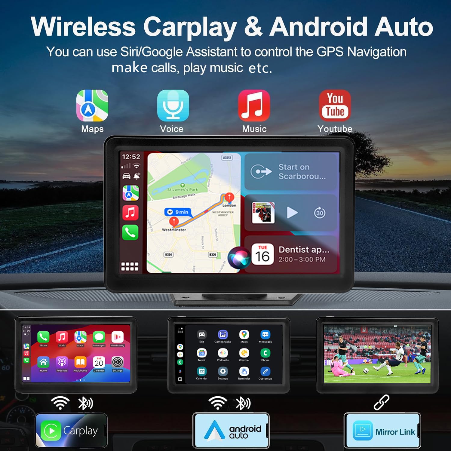Portable Wireless Apple Carplay Screen For Car, 7'' Apple Carplay & Android Auto, Ips Touchscreen Car Audio Receiver, Mirror Lin