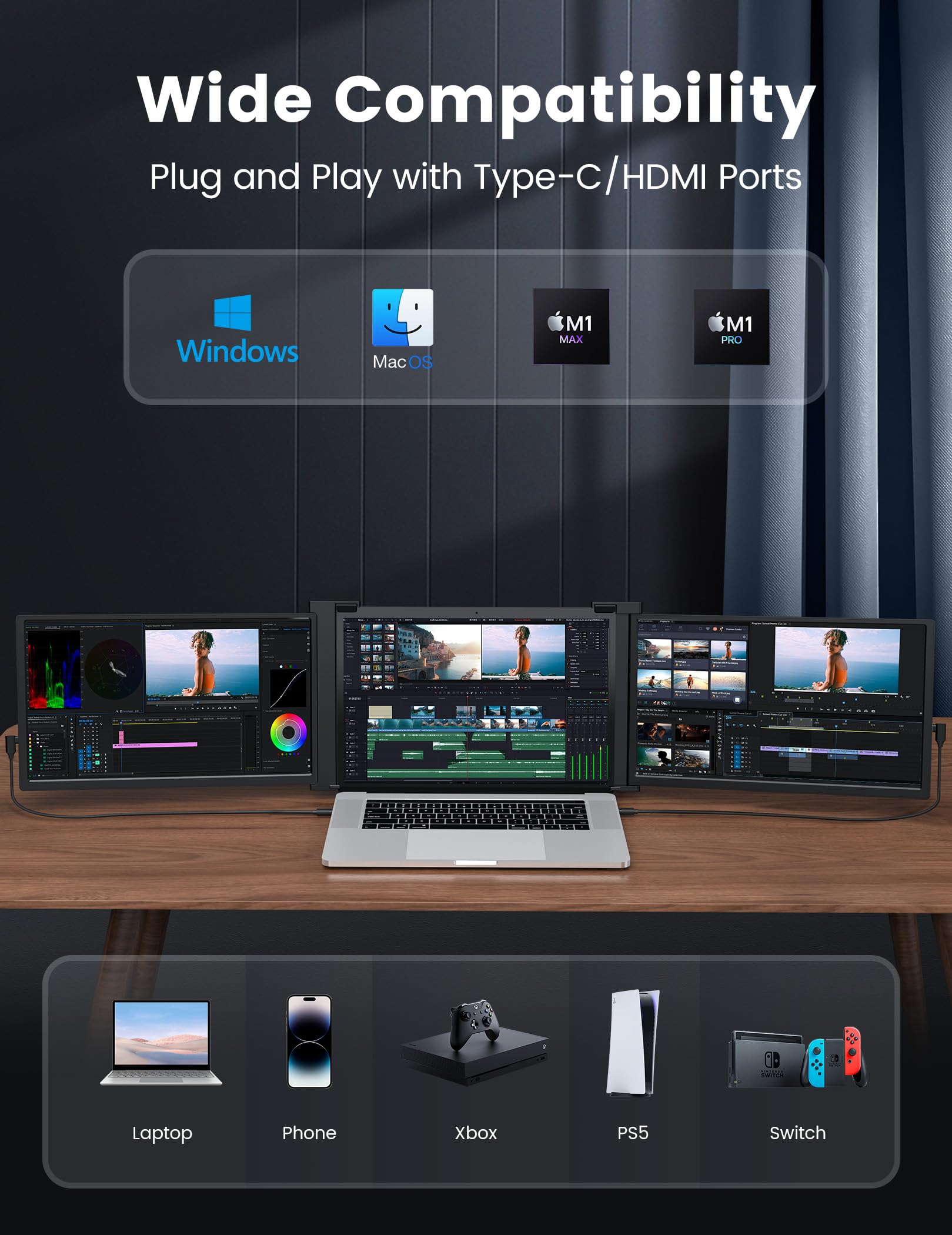 Fopo 15.6'' Triple Monitor For Laptop, Fhd 1080P Ips Portable Monitor For 15.6 19    Laptop, Plug And Play Travel Laptop Screen