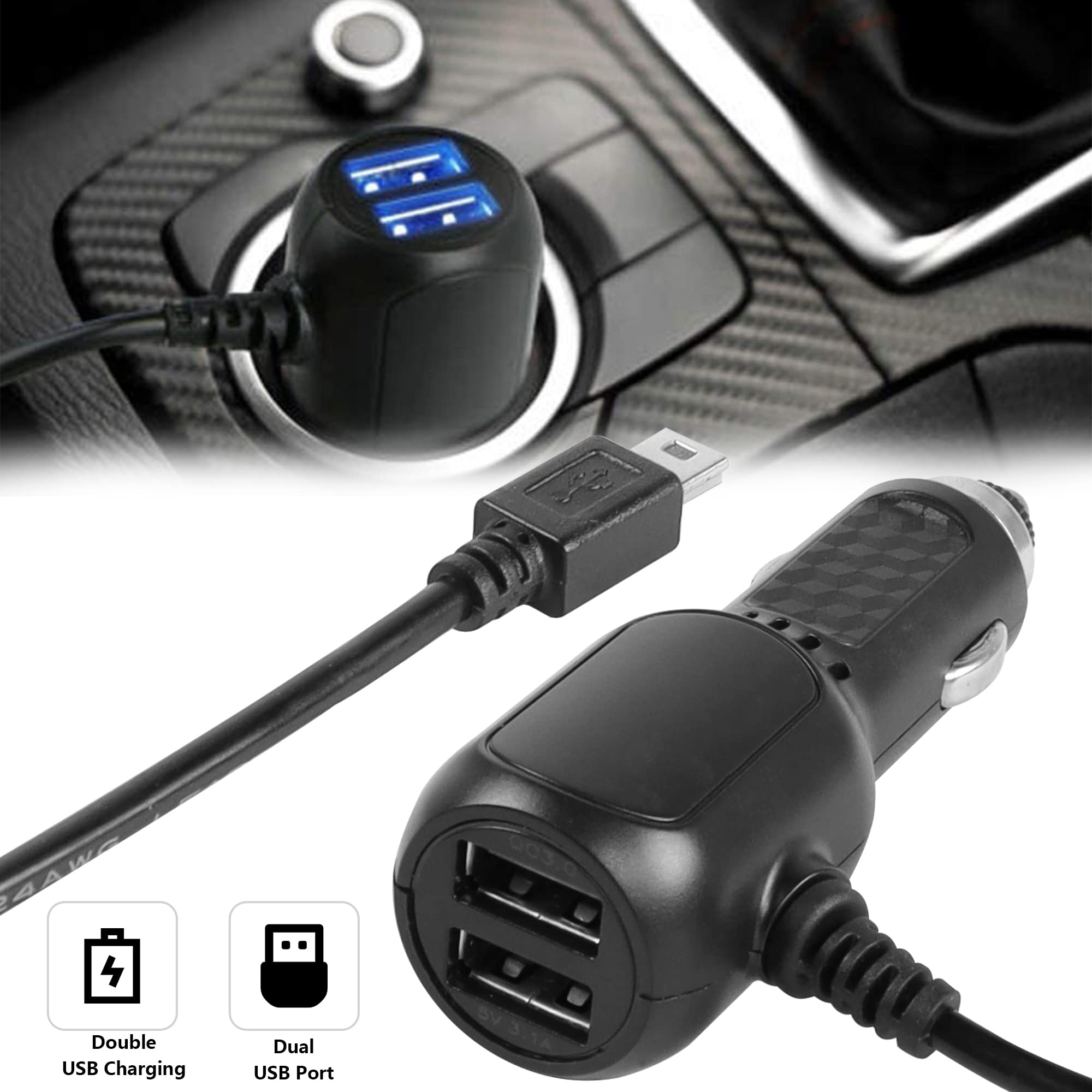 Meiriyfa Dash Cam Power Cable, Dash Cam Charger Mini Usb, Qc3.0 Fast Vehicle Car Charger With Dual Usb Ports For Various Models