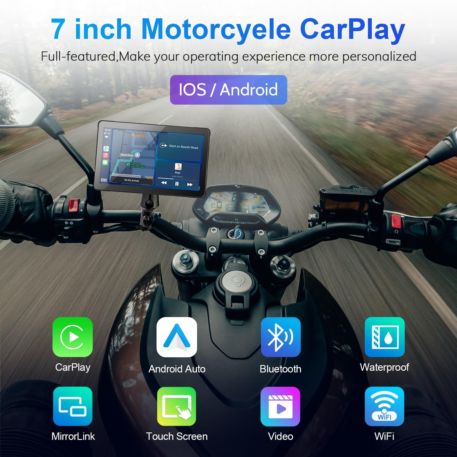 Wireless Carplay For Motorcycle 7 Inch Touchscreen With Wireless Android Auto, Dual Bluetooth Waterproof Touch Screen Portable C