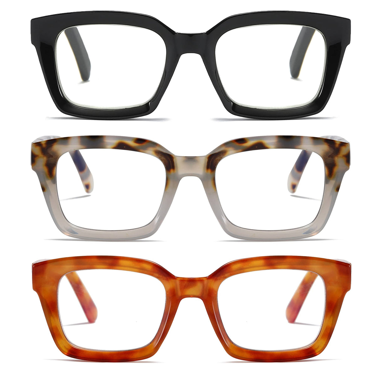 Zxyoo 3 Pack Oversize Square Design Reading Glasses For Women, Blue Light Blocking Computer Reader(Black  Gray  Yellow Leopard15
