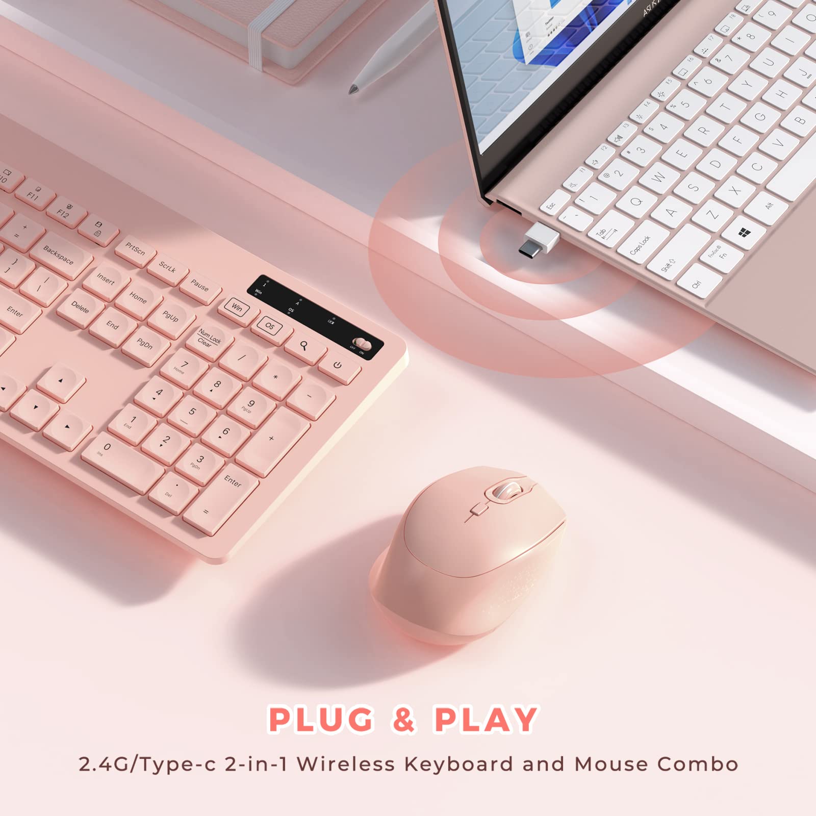 VIVEFOX Wireless Keyboard and Mouse Set, Pink, USB A & Type C, with Phone Holder for MacBook and Windows