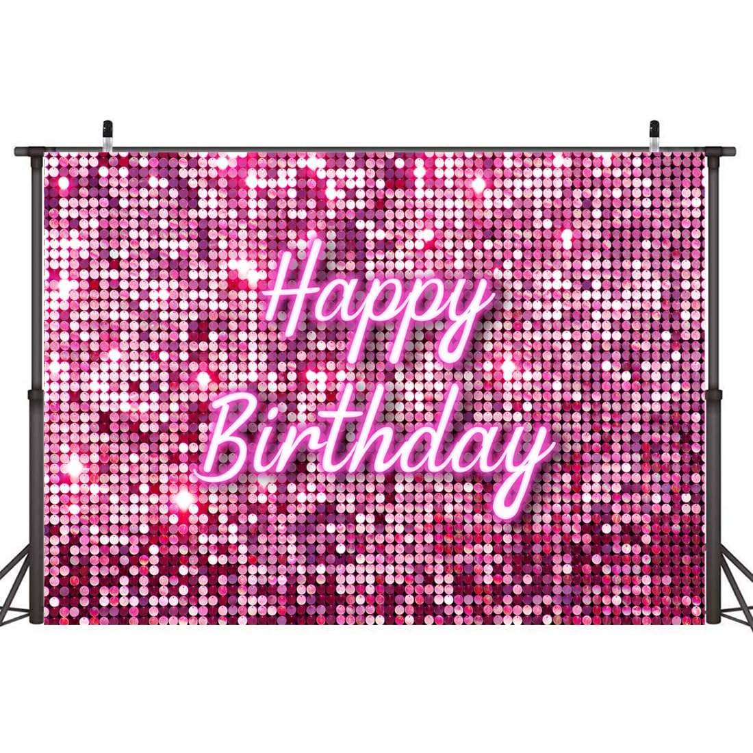 Wollmix Hot Pink Happy Birthday Backdrop Party Decorations Girl Shimmer Wall Flash Square Sweet 16 18Th 21St 30Th Bday Photograp