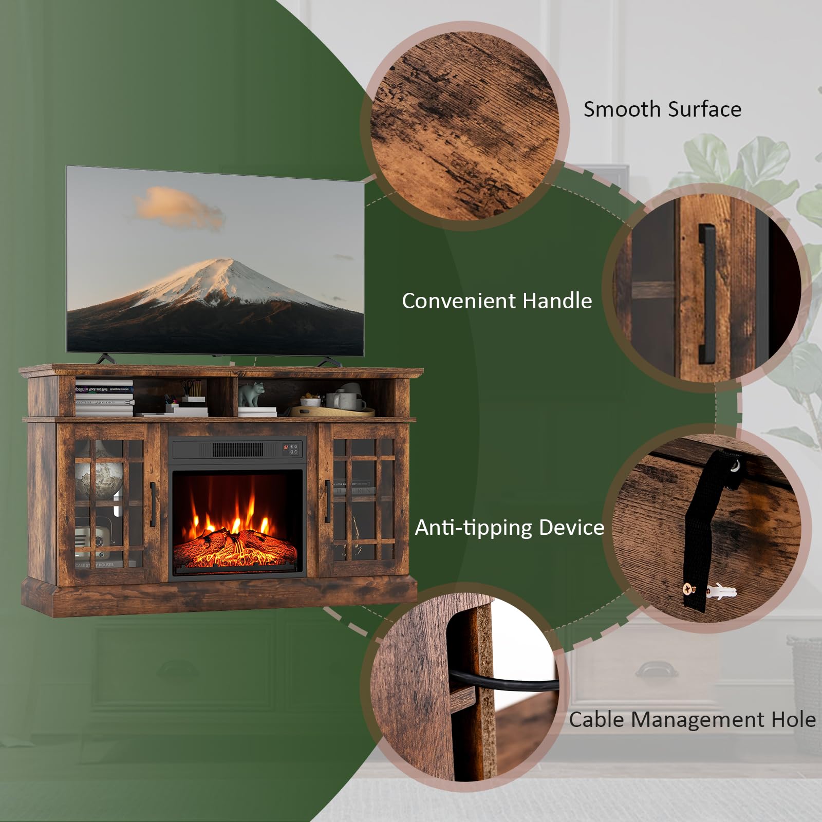 Simoe Fireplace Tv Stand For 55 Tv, 48 Inch Stand With 18 Inch Electric Fireplace Heater, Mondern Console W/Cabinets & Doors, 6H