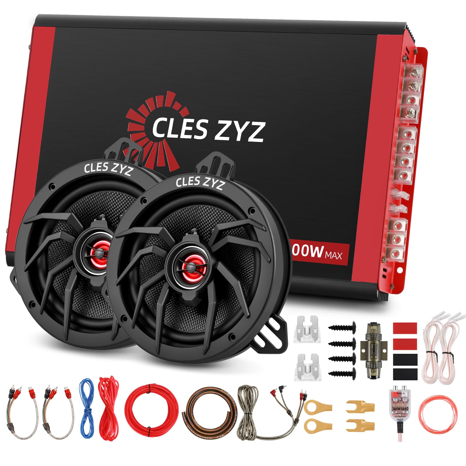 CLES ZYZ Car Speaker & Amplifier Combo Kit, 4 Channel Amp + 6.5 Coaxial Speakers (a Pair) with Wiring Kit, Complete System, Eas
