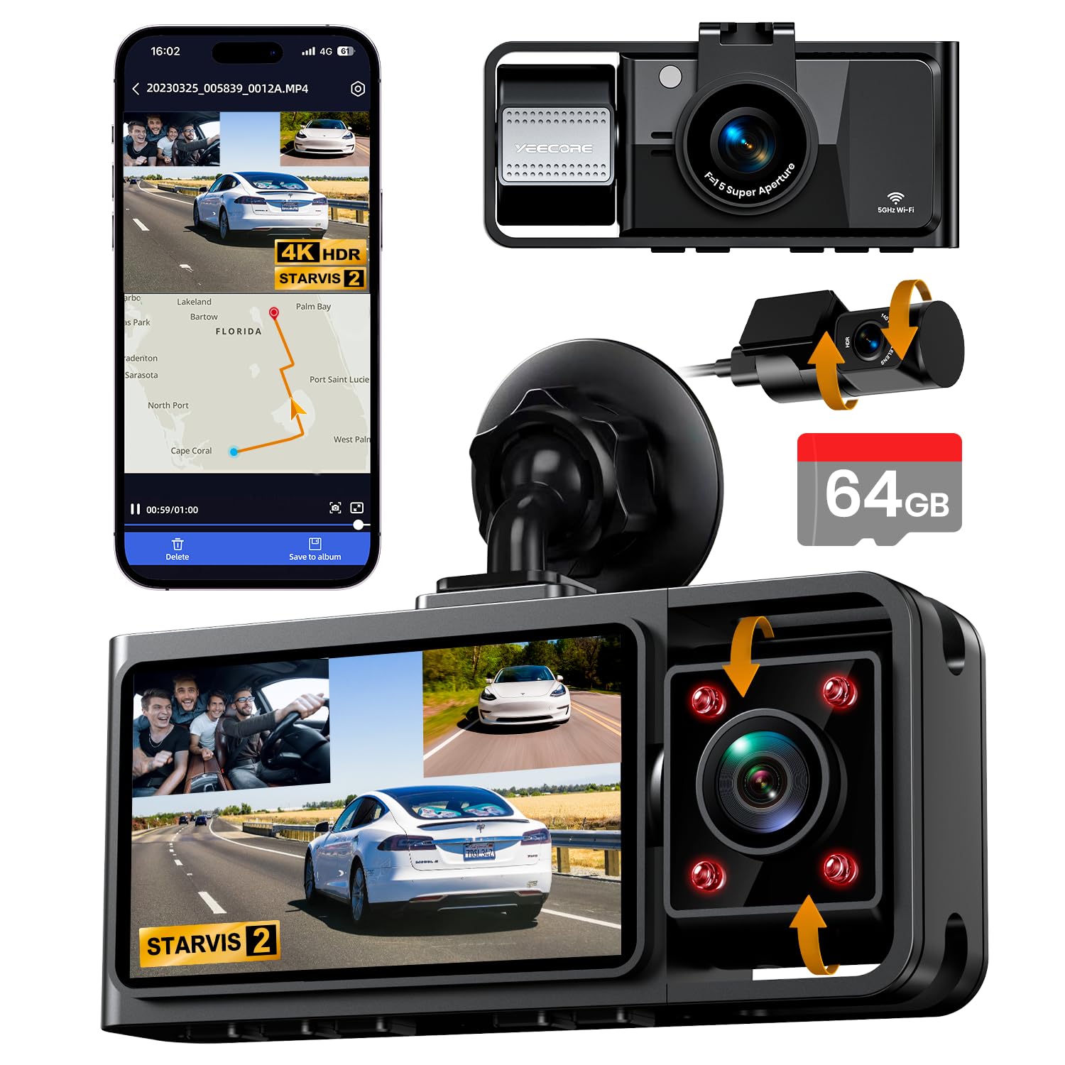 Yeecore 3 Channel 4K 5G Wifi Dash Cam, 64Gb Sd Card, Starvis 2 Super Night Vision, 4K+1080P+1080P Front Inside And Rear Car Came
