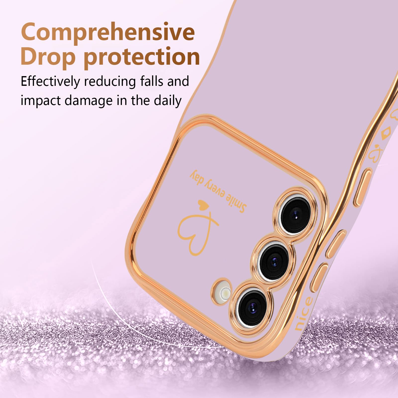 Lchulle For Samsung Galaxy S22 Case For Women Girls, Cute Wave Frame Curly Shape With Love Heart Raised Camera Protection Cover