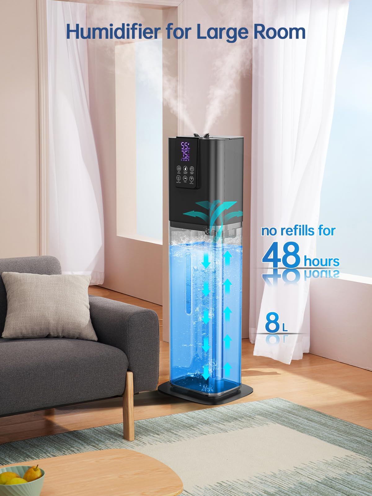 8L Smart Humidifiers For Bedroom Large Room, 2.1Gal Cool Mist Top Fill Diffuser Ambient Light, Wifi App & Remote Control, 3 Mist