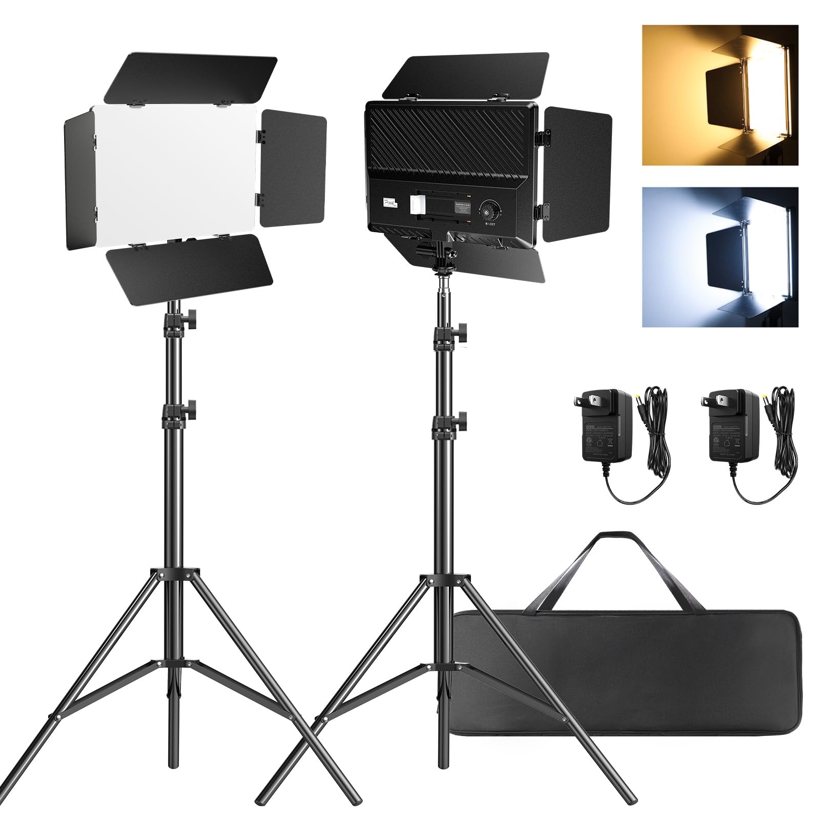 Pixel Led Video Light Kit With Barn Door, 2 Pack Bi Color Photography Lighting, 2500 6500K Dimmable Studio Light, Cri 96+ Panel