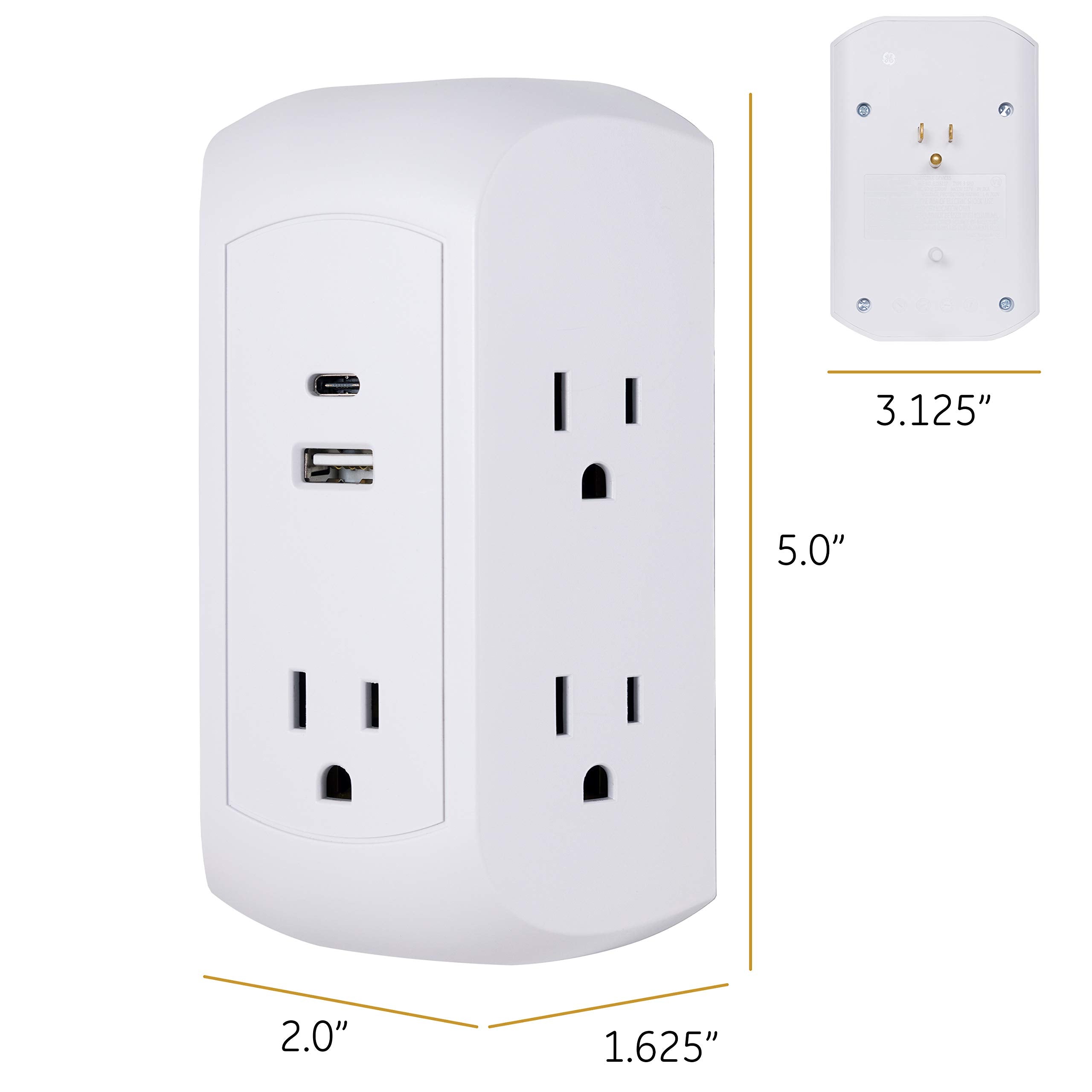 Ge Ultrapro 5 Outlet Extender With Usb And Usb C Port, Surge Protector, Spaced Wall Tap, Side Access, Charging Station, For Ipho