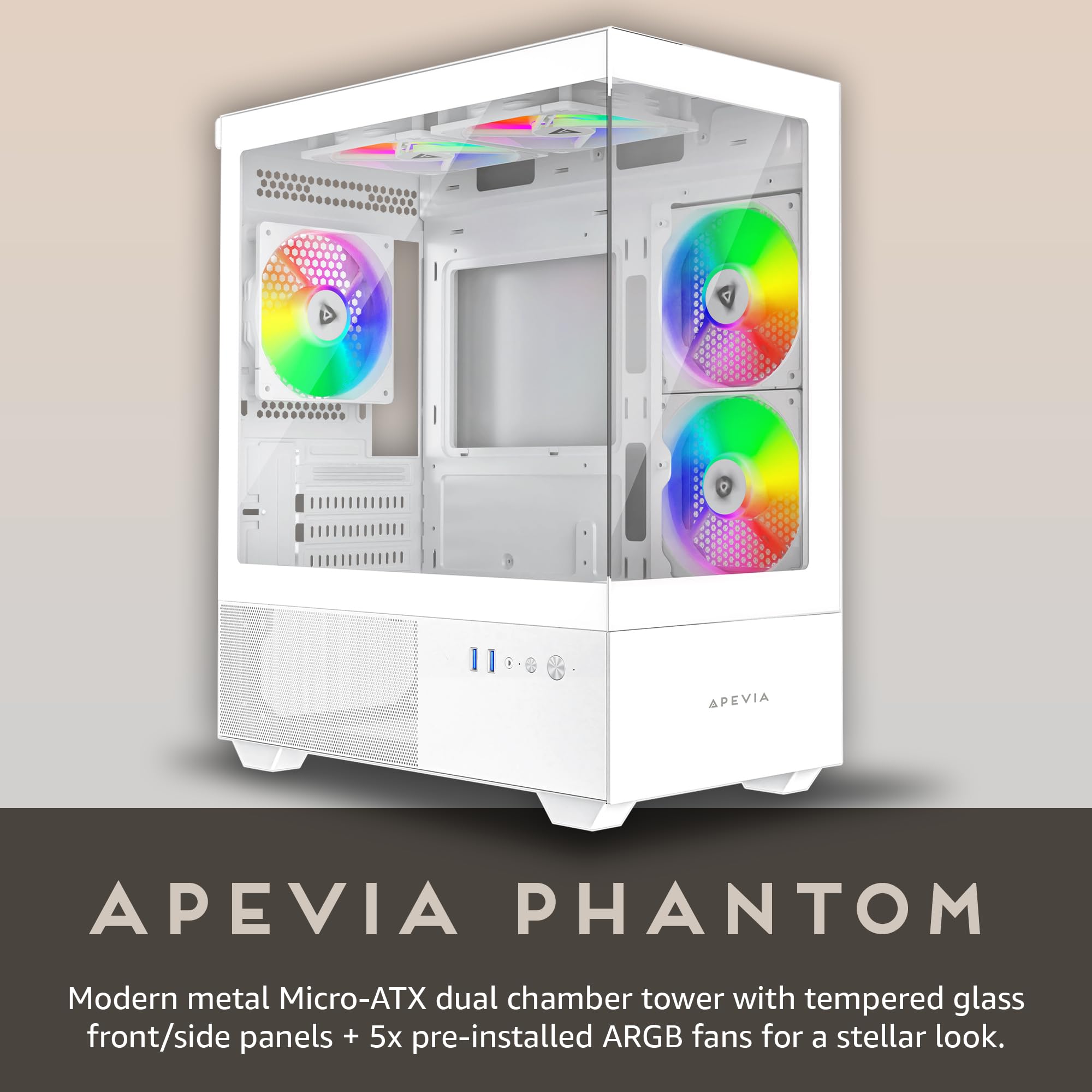 Apevia Phantom Wh Phantom Micro Atx Dual Chamber Gaming Pc Case W/ 5X 120Mm Argb Fans, 366 Rgb Modes, Dual Tempered Glass Panels