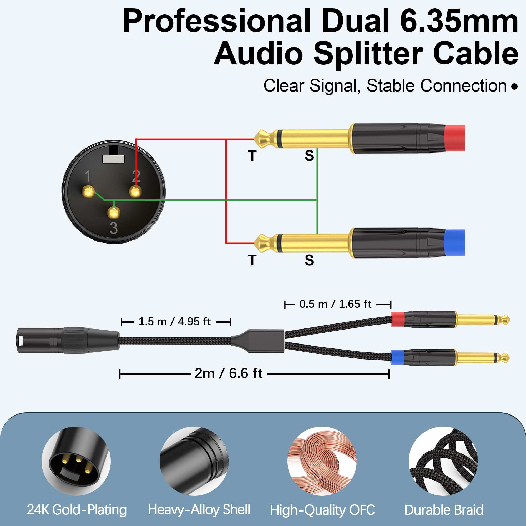 Xlr Male To Dual 1/4 Inch Ts Y Splitter Cable 6Ft, Dual Shielding Braided Mic Adapter Cord, Balanced Xlr To 2 Mono 1/4    Ts Aud