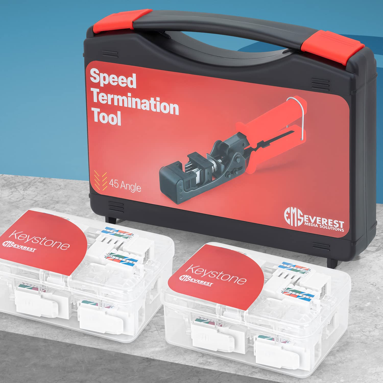 Everest Media Solutions 45Term   45 Angled Speed Termination Tool   With 20 Pack Of 45 Angled Cat6A Keystone Jacks In White Colo