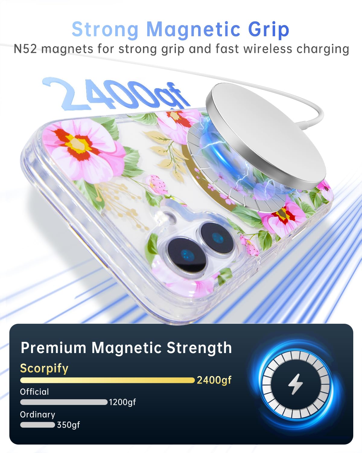 Scorpify For Iphone 16 Case [Compatible With Magsafe] With Pink Primrose Floral Design, Cute Clear Flower Magnetic Phone Cover F