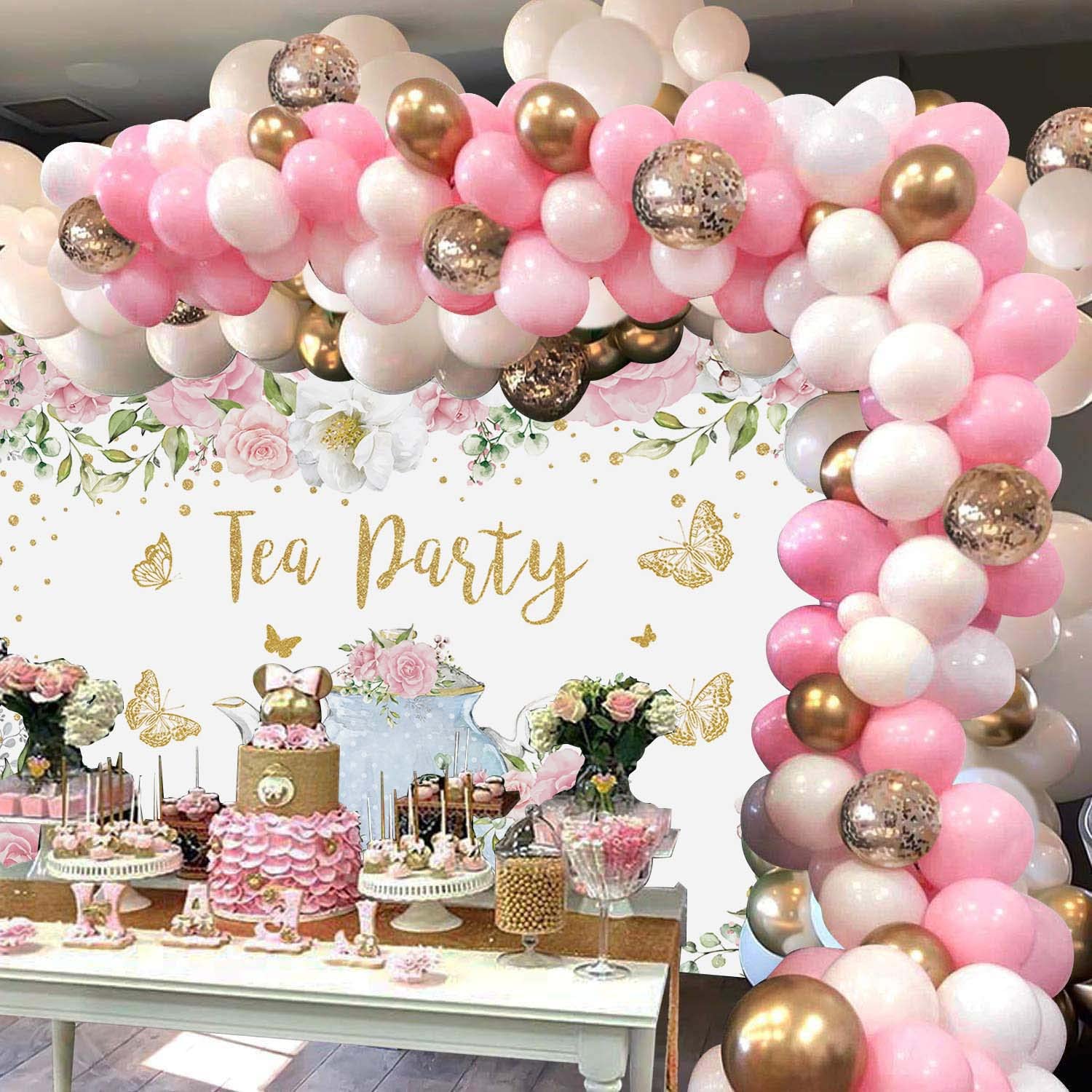 Tea Party Backdrop Pink Rose Floral Gold Butterfly Teapot Let'S Partea Background Spring Girl Princess Wonderland Afternoon Tea